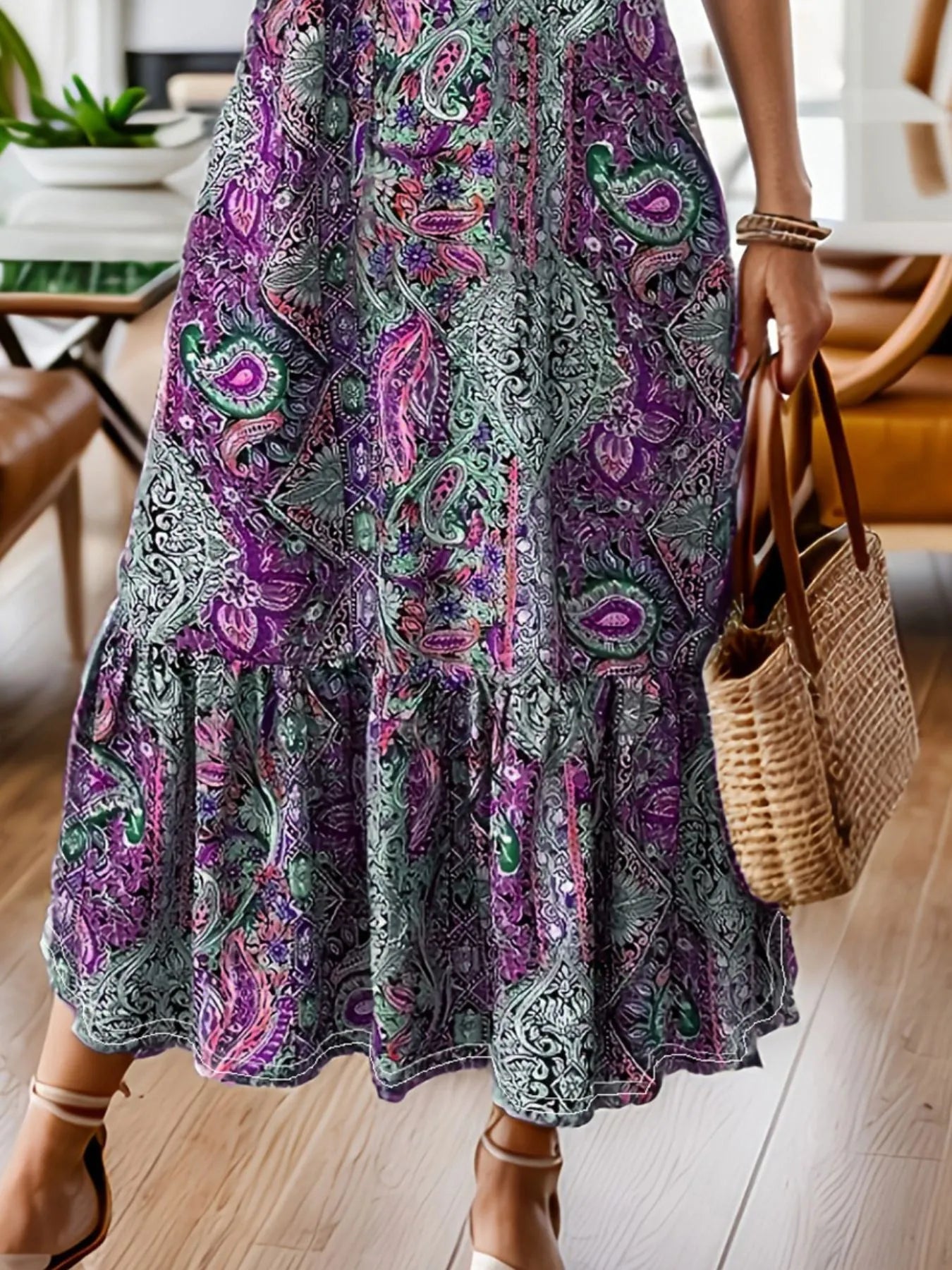 Full Size Bohemian Paisley Print Ruffle Hem Midi Dress Plus Size - MAD RUFFI