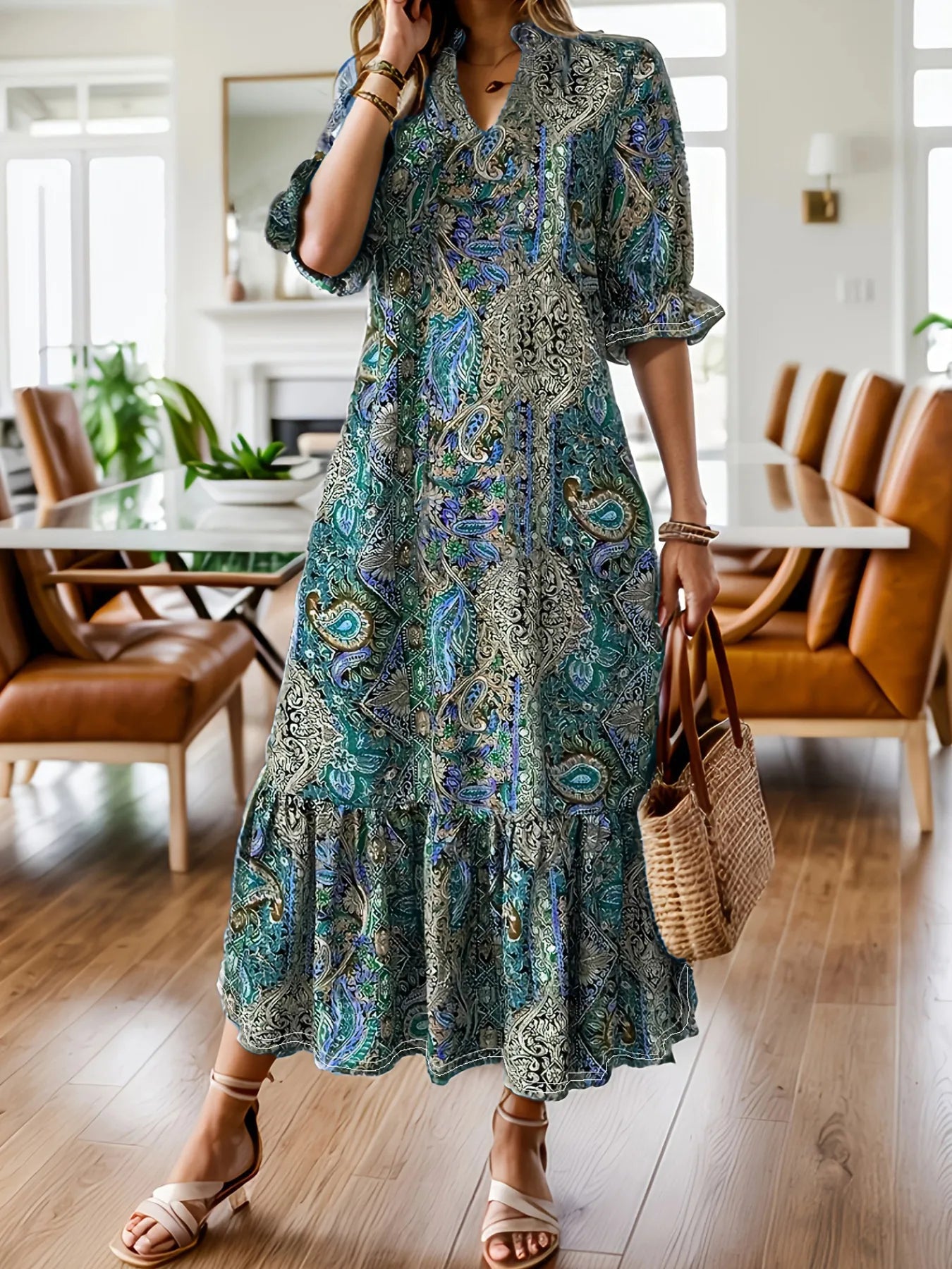 Full Size Bohemian Paisley Print Ruffle Hem Midi Dress Plus Size - MAD RUFFI