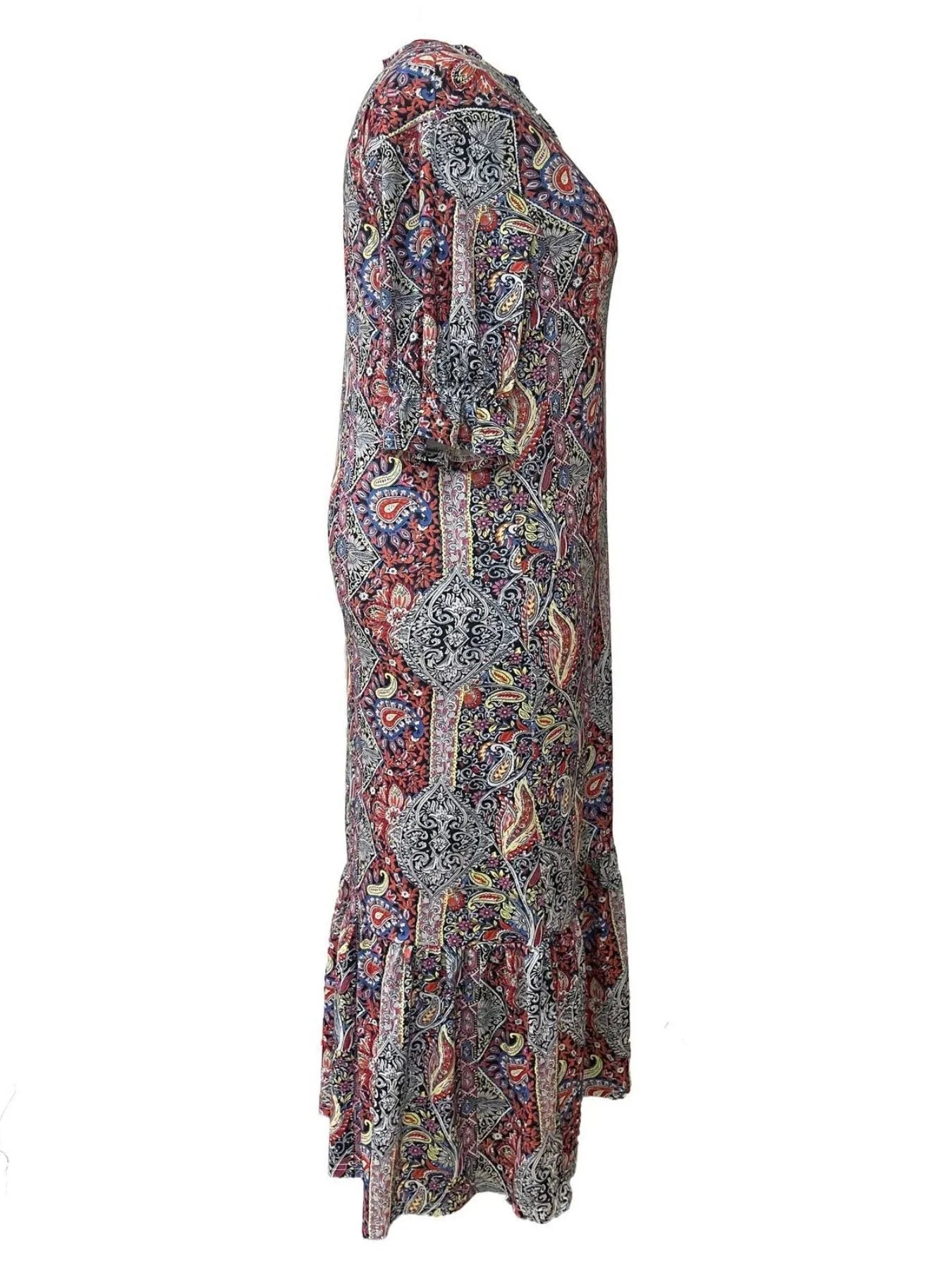 Full Size Bohemian Paisley Print Ruffle Hem Midi Dress Plus Size - MAD RUFFI