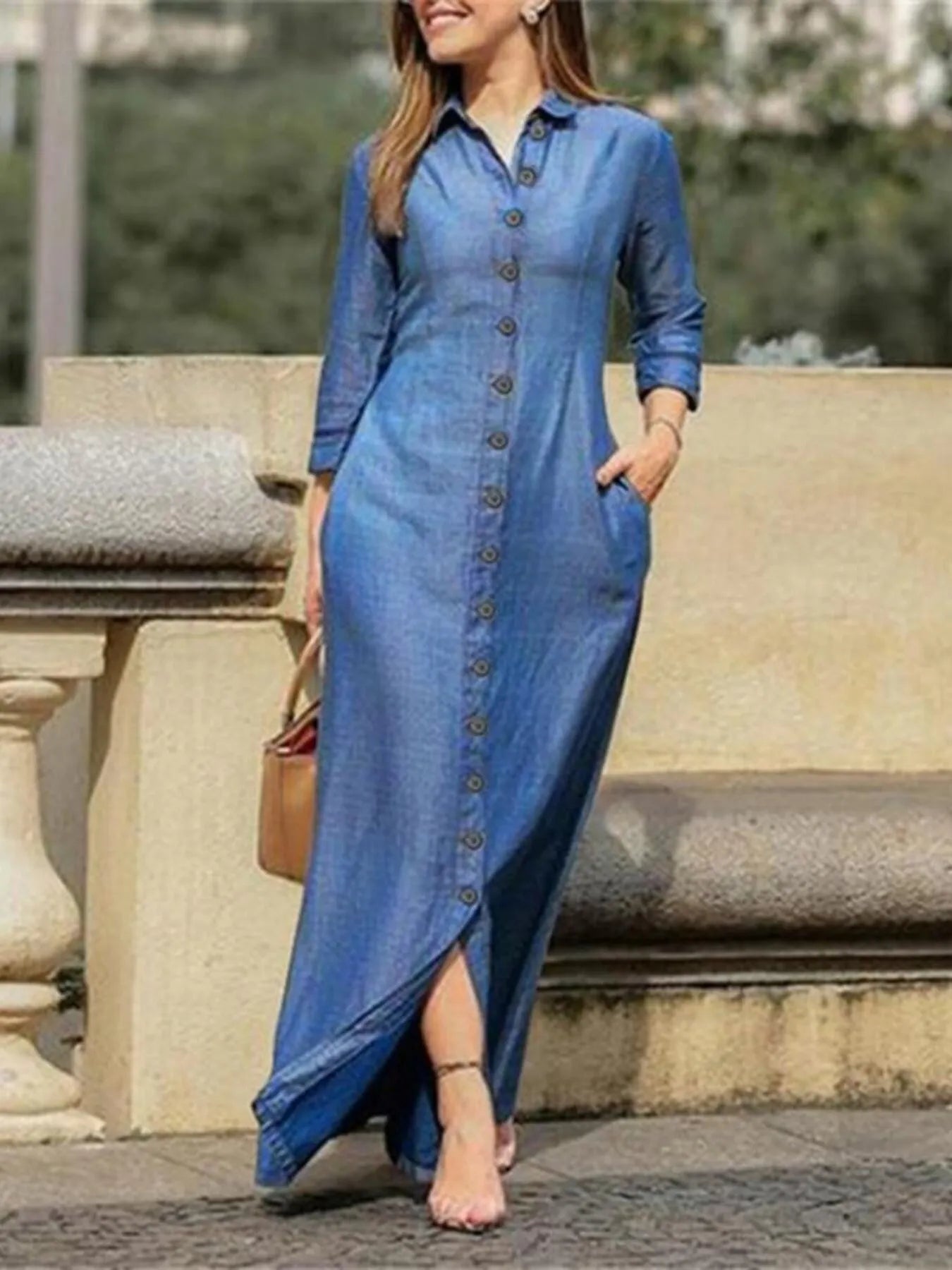 Full Size Button - Down Maxi Denim Dress Plus Size - MAD RUFFI