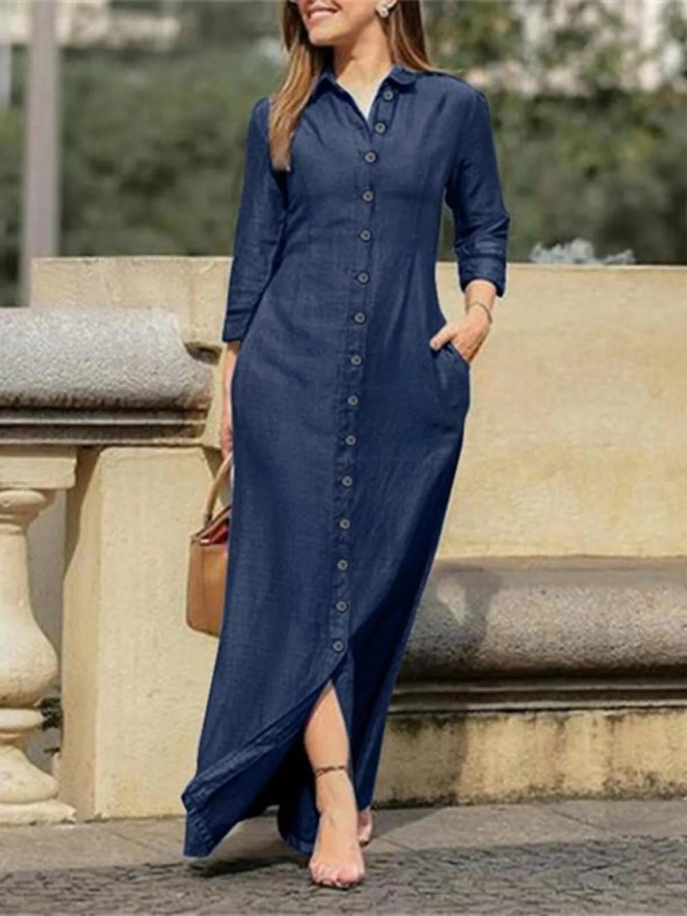 Full Size Button - Down Maxi Denim Dress Plus Size - MAD RUFFI