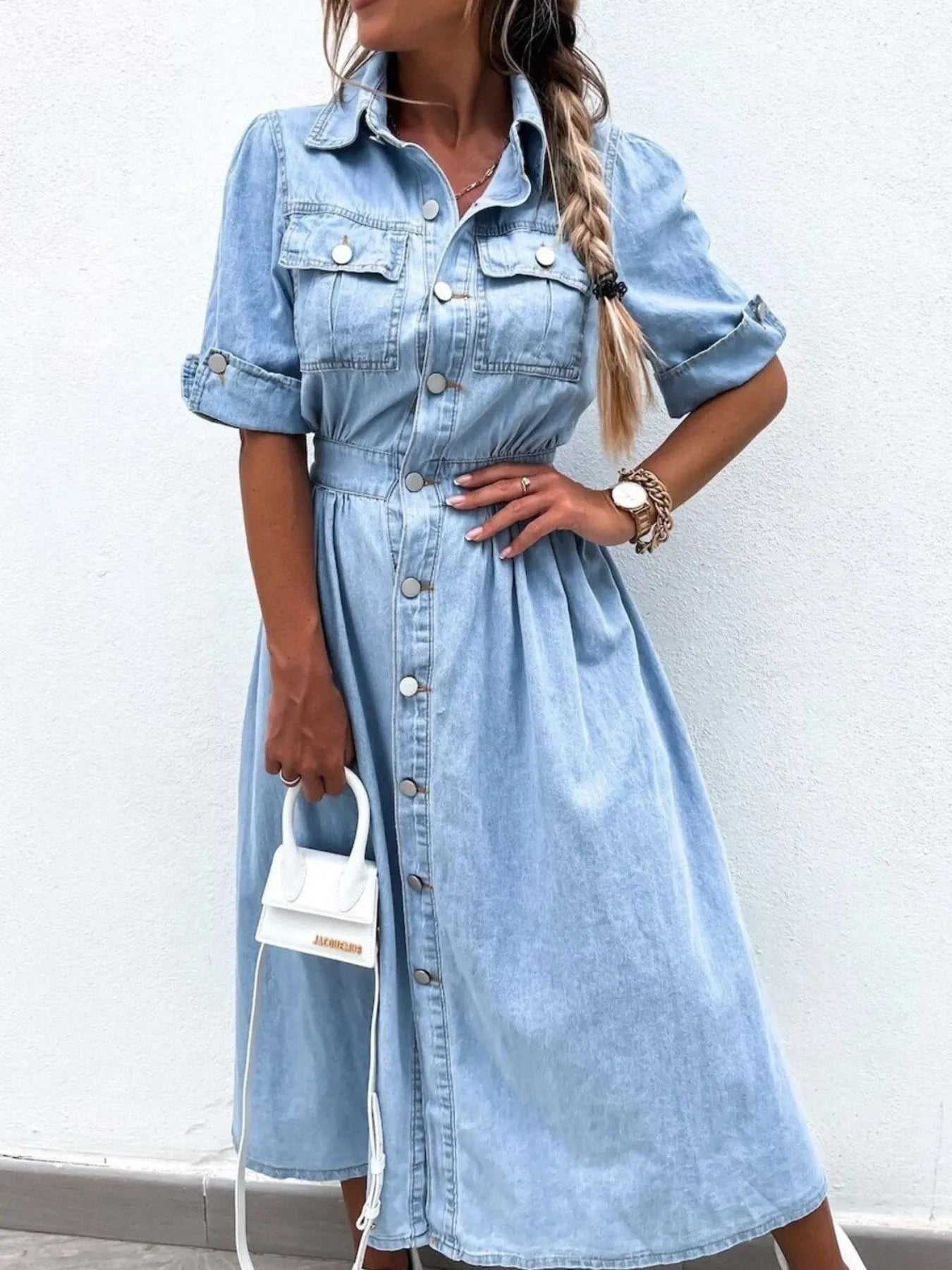 Full Size Button Down Roll - Up Sleeve Denim Shirt Dress Plus Size - MAD RUFFI