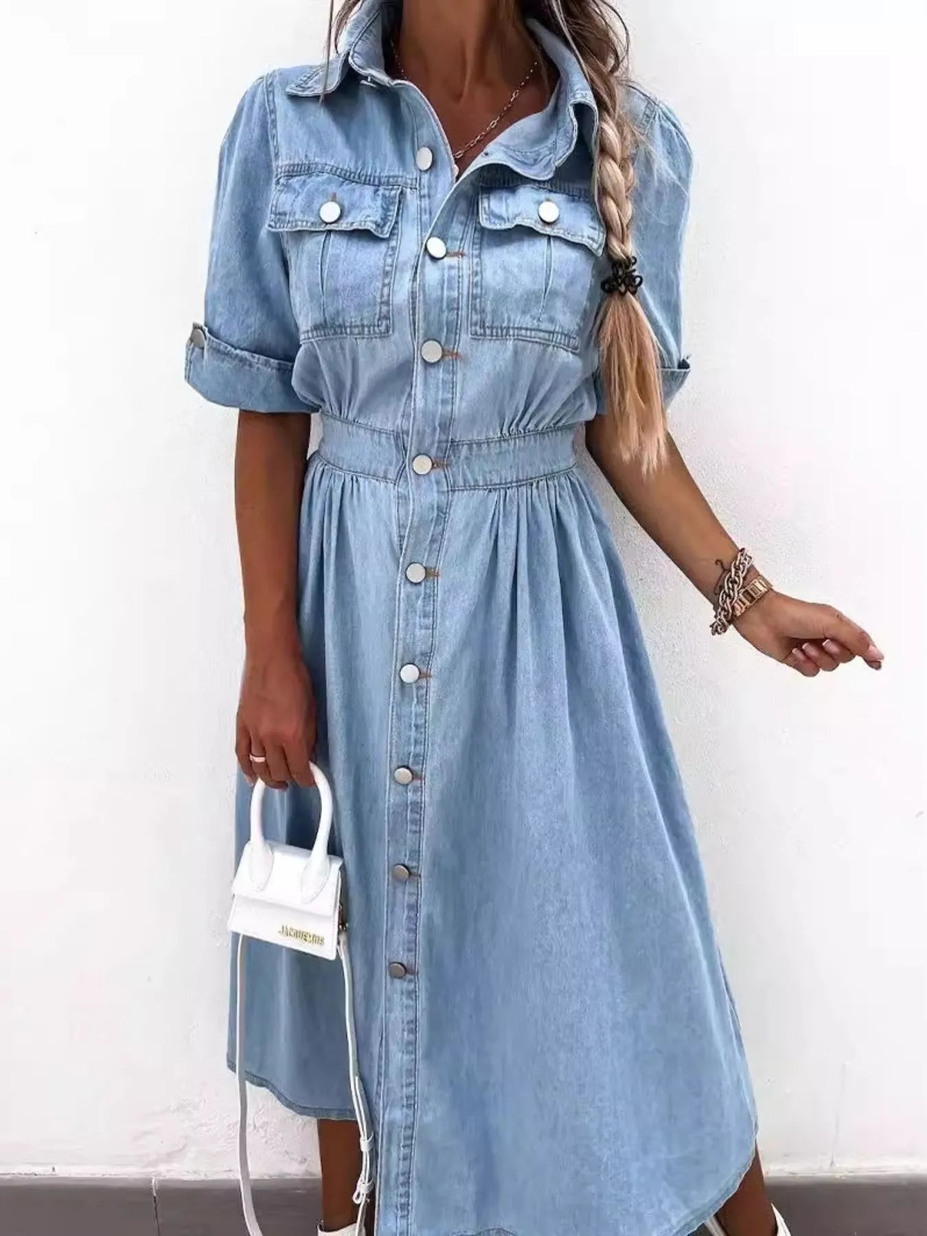 Full Size Button Down Roll - Up Sleeve Denim Shirt Dress Plus Size - MAD RUFFI