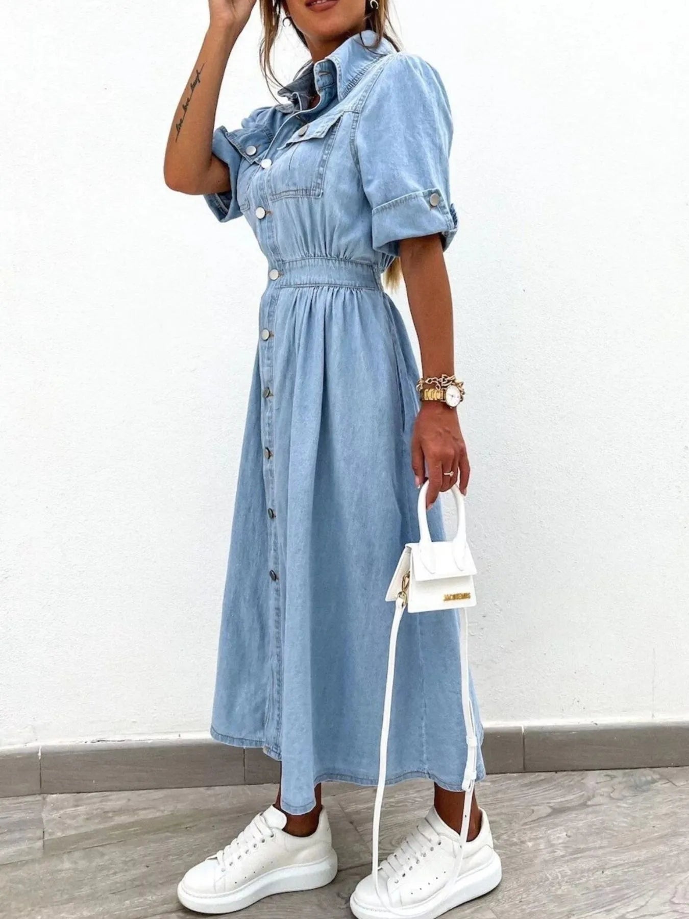 Full Size Button Down Roll - Up Sleeve Denim Shirt Dress Plus Size - MAD RUFFI