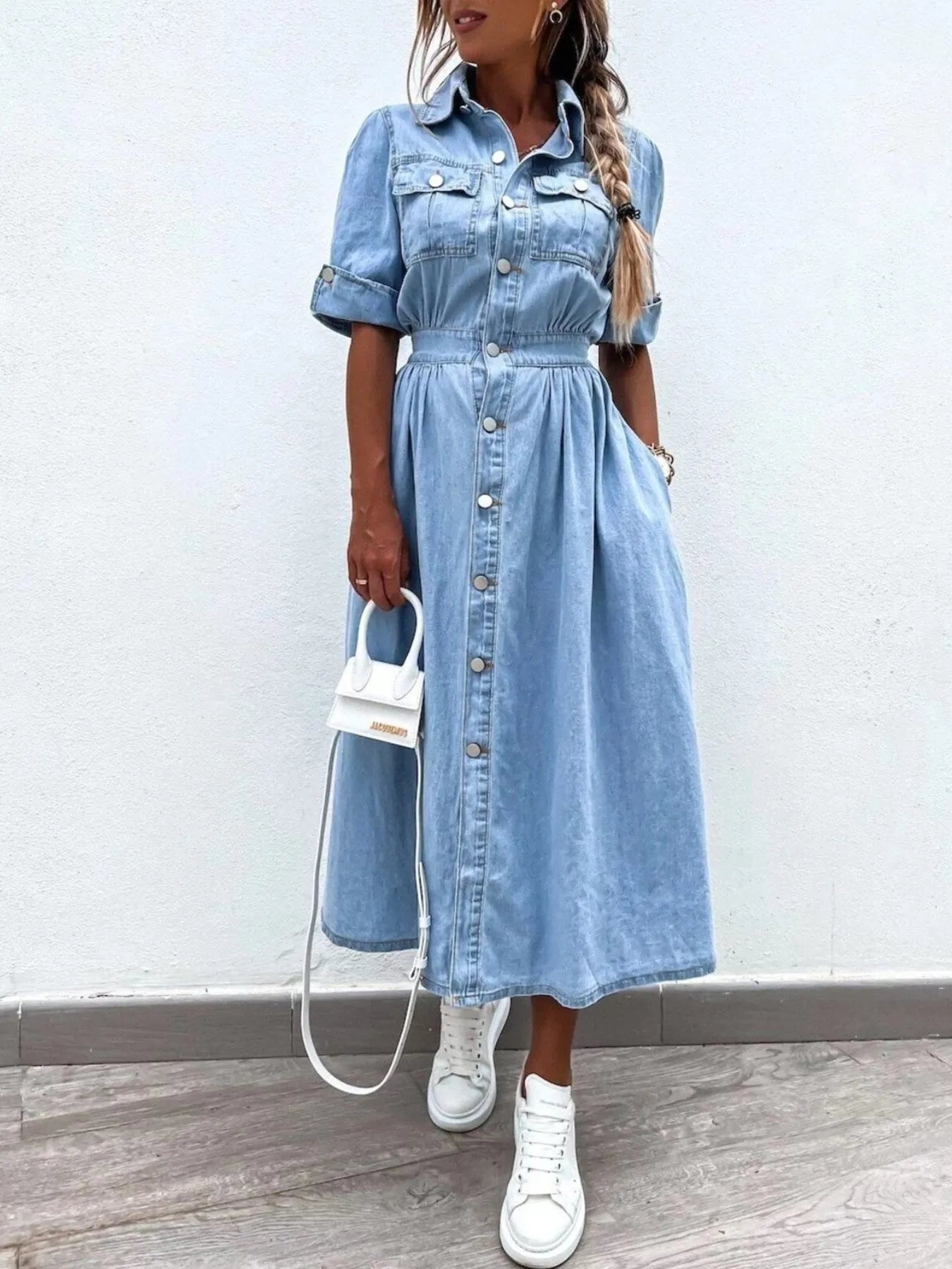 Full Size Button Down Roll - Up Sleeve Denim Shirt Dress Plus Size - MAD RUFFI