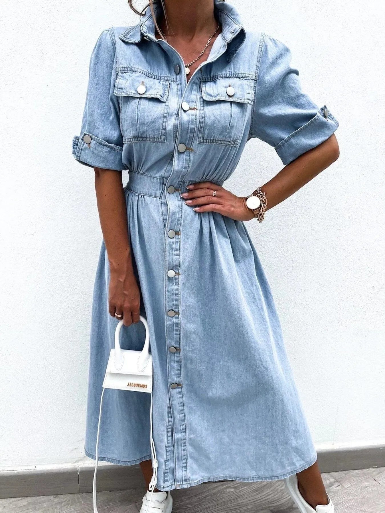 Full Size Button Down Roll - Up Sleeve Denim Shirt Dress Plus Size - MAD RUFFI