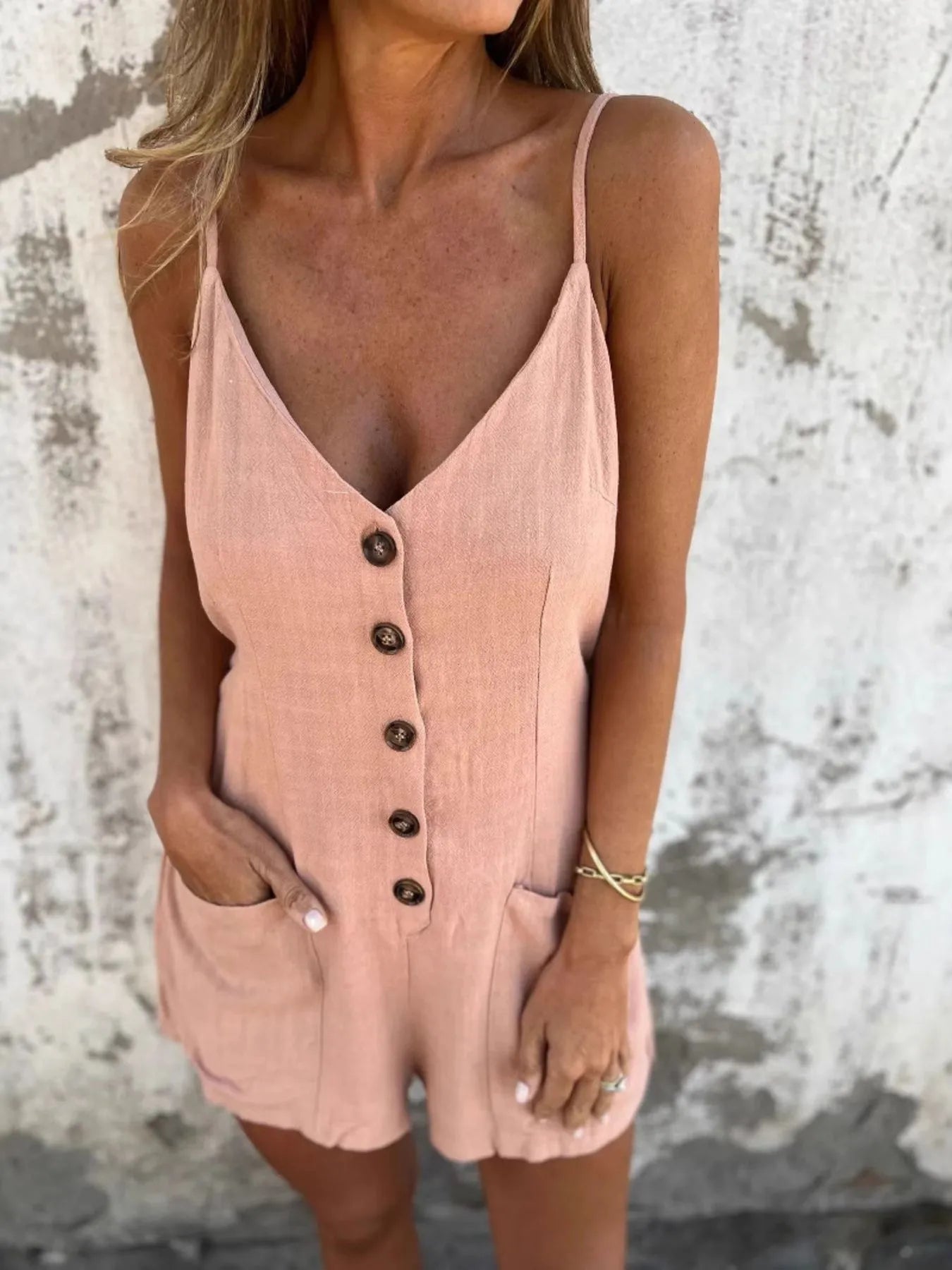 Full Size Button - Front Belted Cami Romper Plus Size - MAD RUFFI