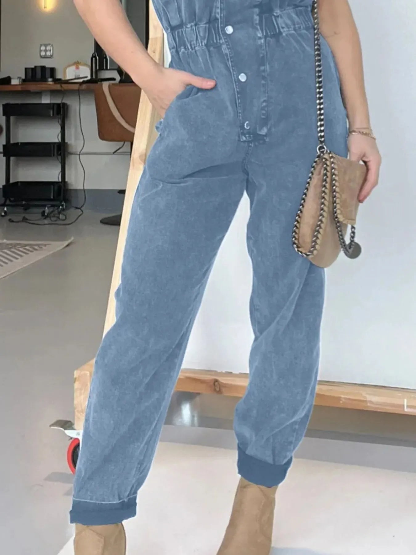 Full Size Button Front Cap Sleeve Denim Jumpsuit Plus Size - MAD RUFFI