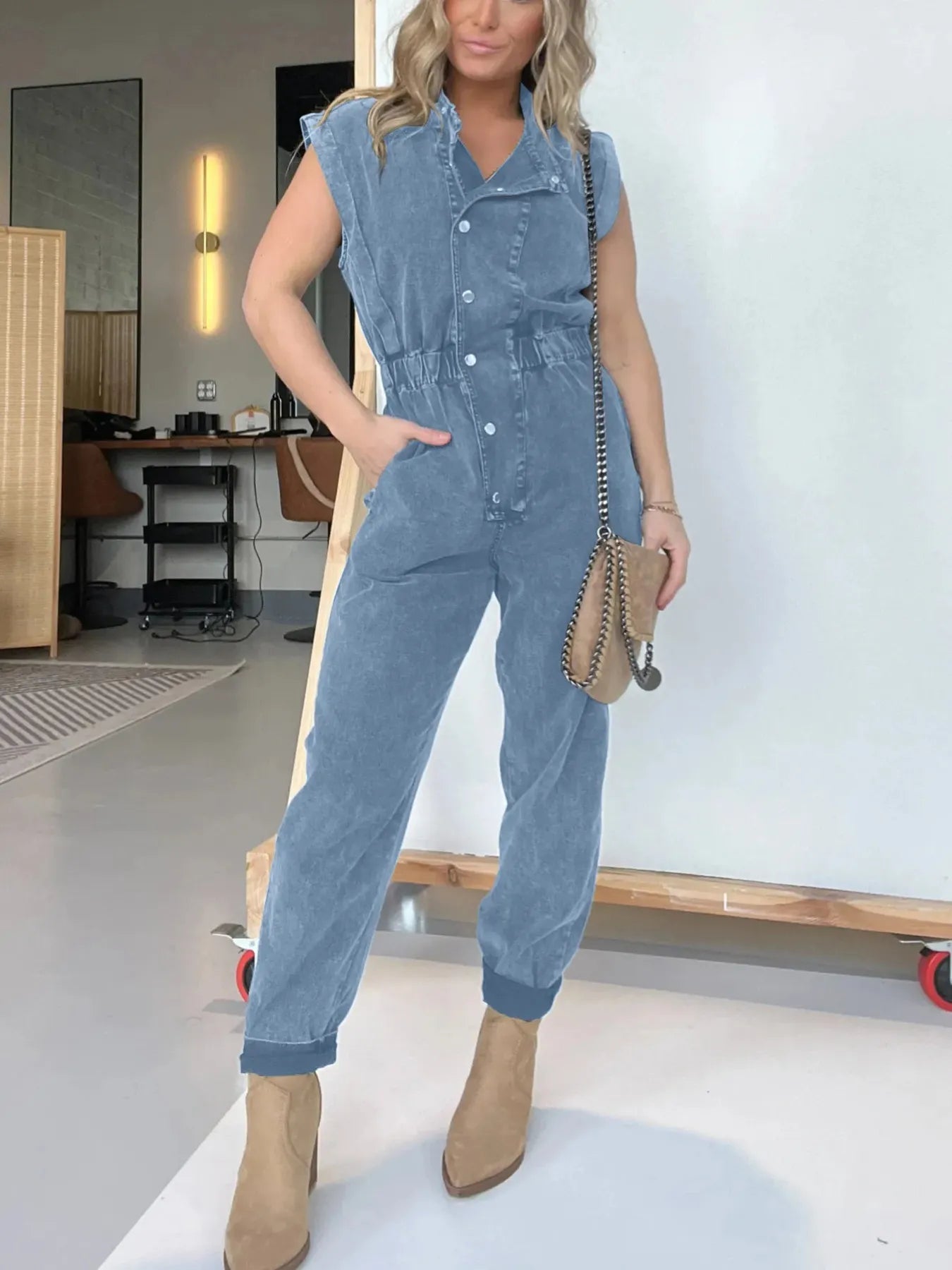Full Size Button Front Cap Sleeve Denim Jumpsuit Plus Size - MAD RUFFI