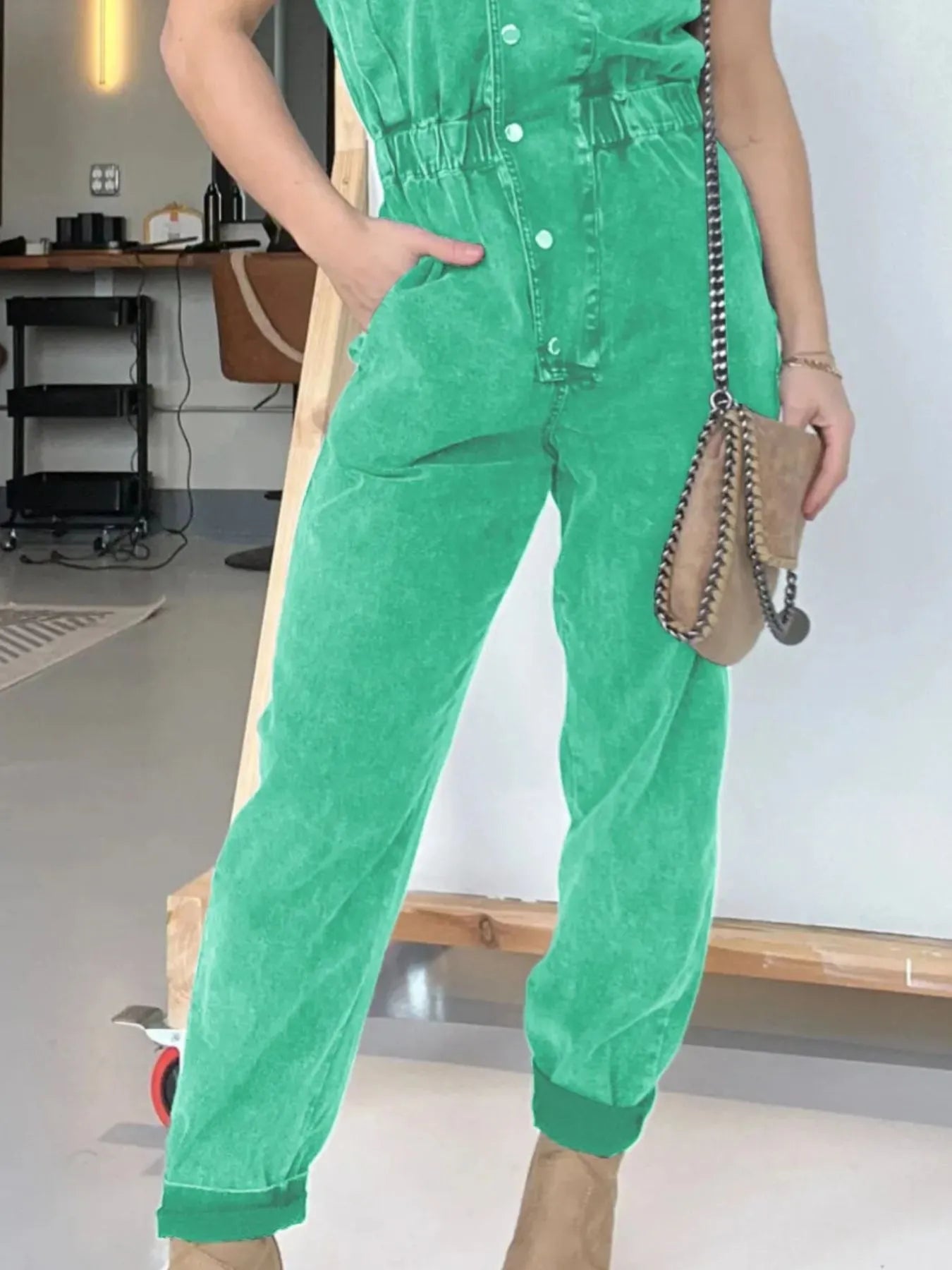 Full Size Button Front Cap Sleeve Denim Jumpsuit Plus Size - MAD RUFFI