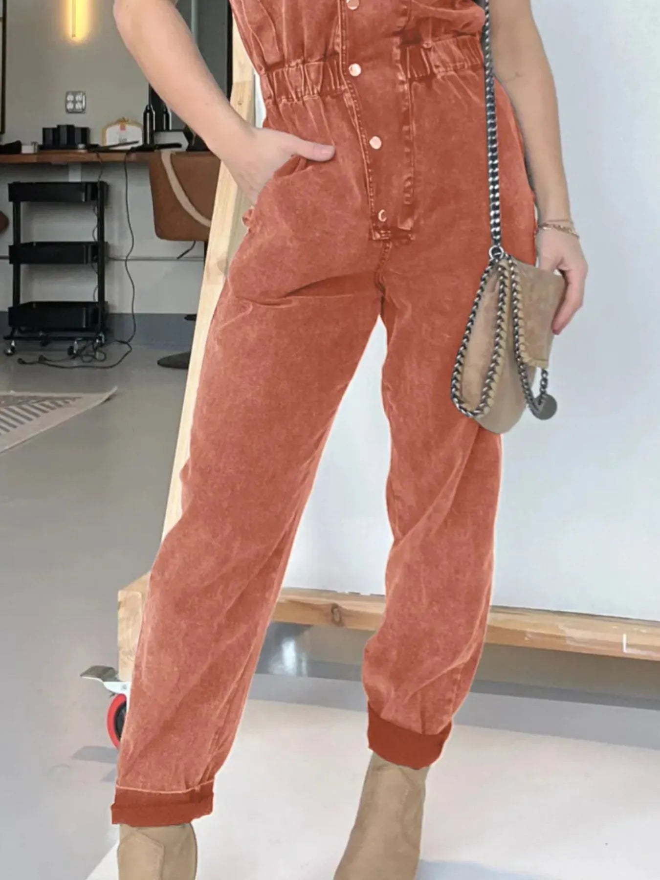 Full Size Button Front Cap Sleeve Denim Jumpsuit Plus Size - MAD RUFFI