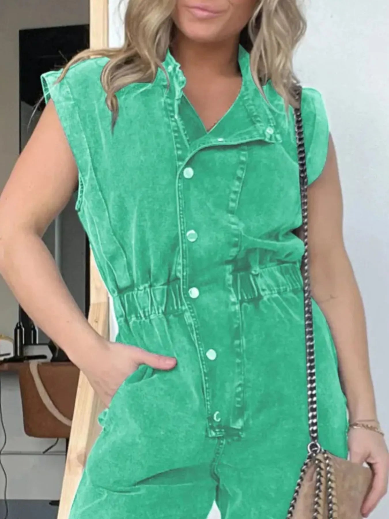 Full Size Button Front Cap Sleeve Denim Jumpsuit Plus Size - MAD RUFFI