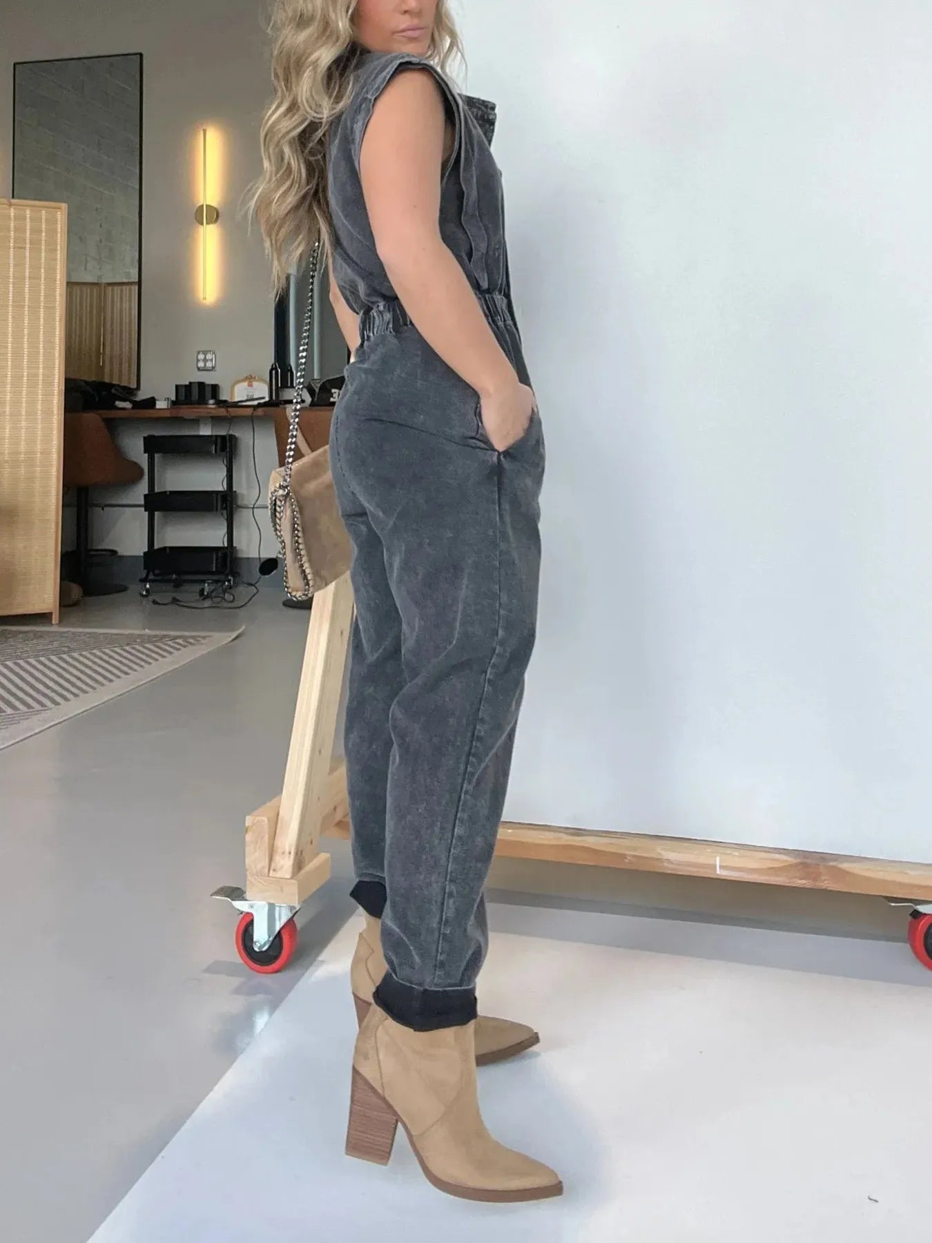 Full Size Button Front Cap Sleeve Denim Jumpsuit Plus Size - MAD RUFFI