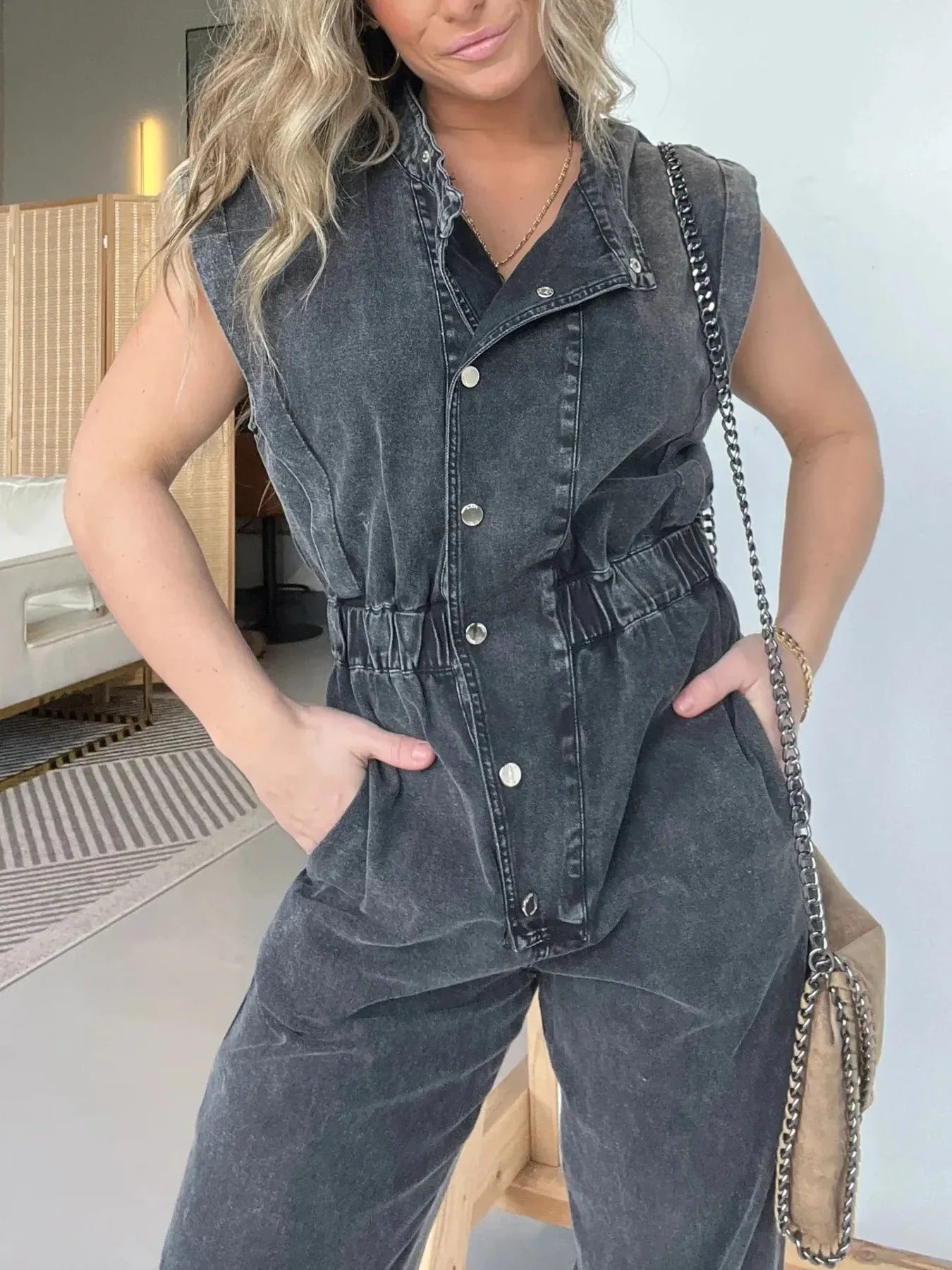 Full Size Button Front Cap Sleeve Denim Jumpsuit Plus Size - MAD RUFFI