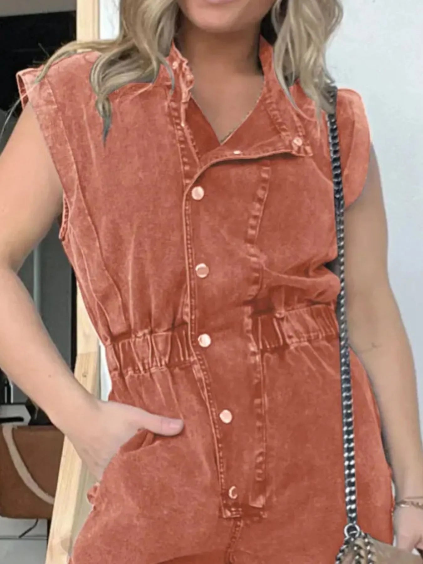 Full Size Button Front Cap Sleeve Denim Jumpsuit Plus Size - MAD RUFFI