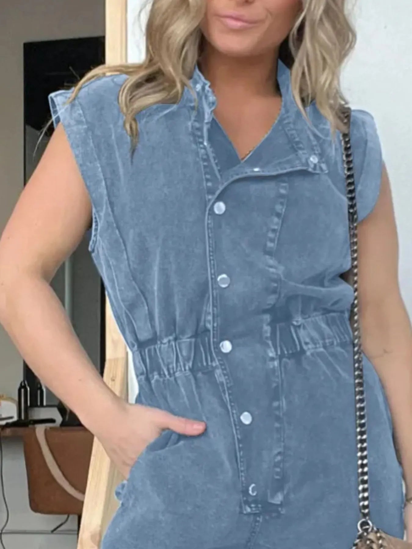 Full Size Button Front Cap Sleeve Denim Jumpsuit Plus Size - MAD RUFFI