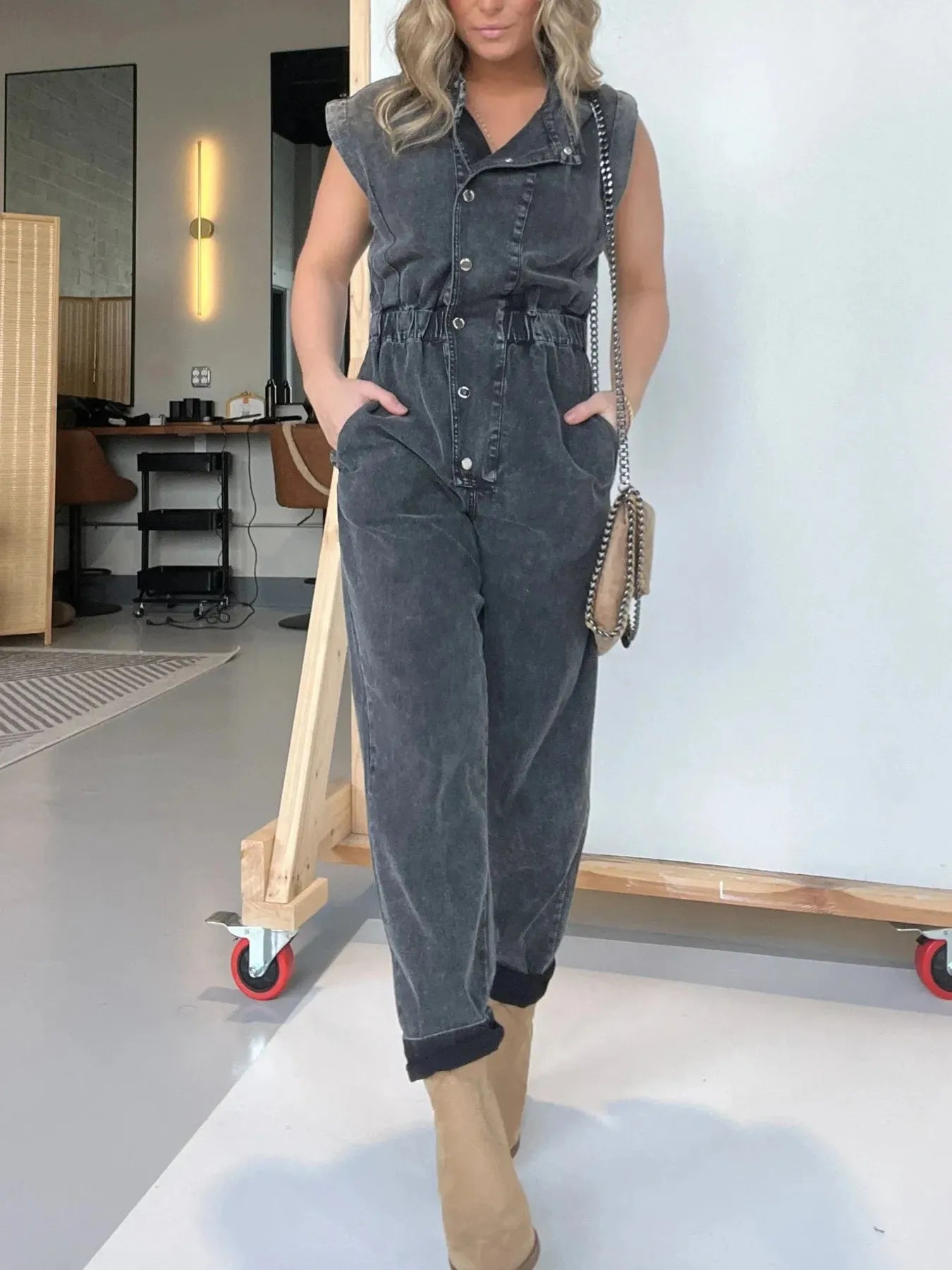 Full Size Button Front Cap Sleeve Denim Jumpsuit Plus Size - MAD RUFFI