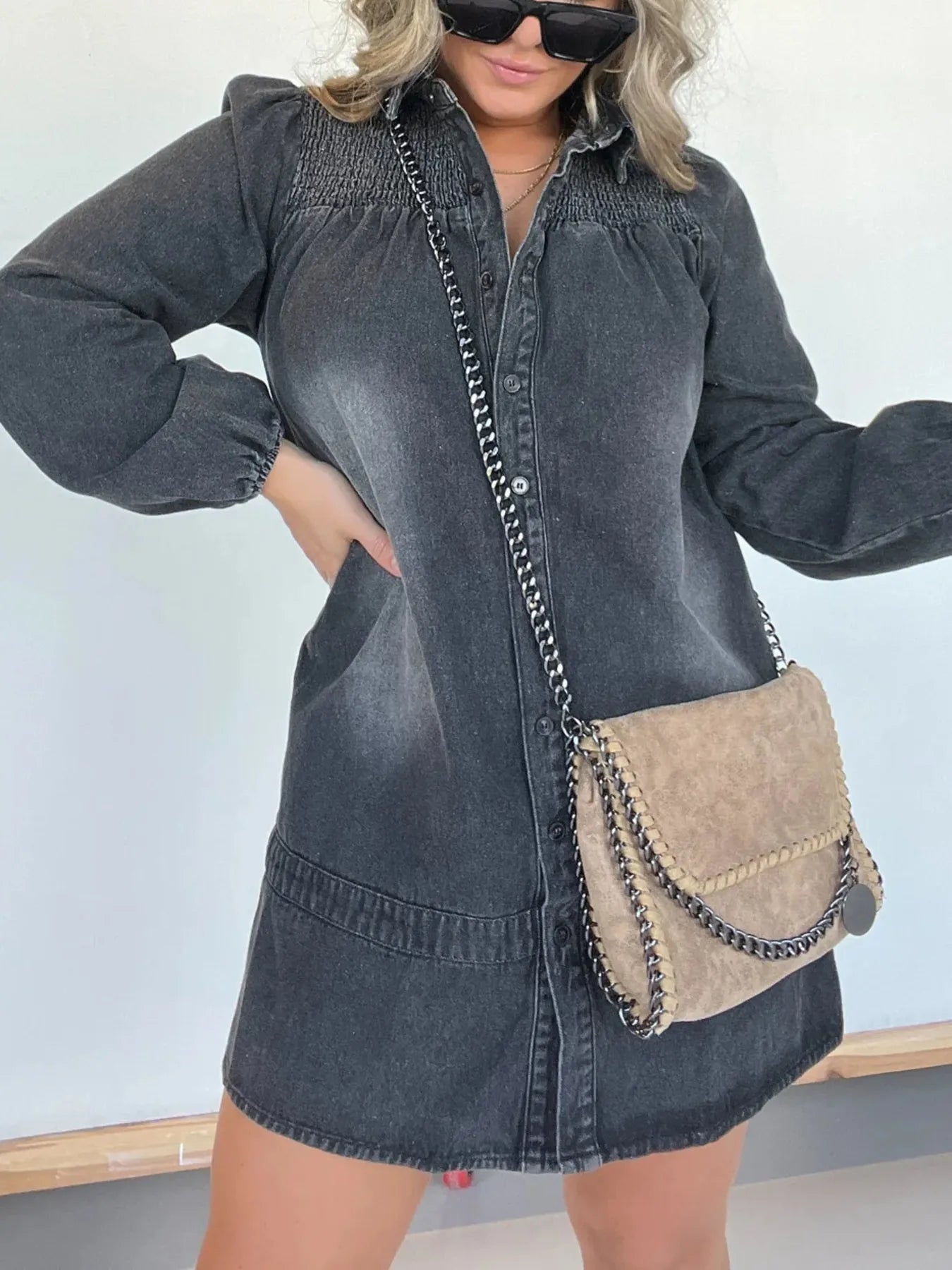 Full Size Button Front Long Sleeve Denim Dress Plus Size - MAD RUFFI