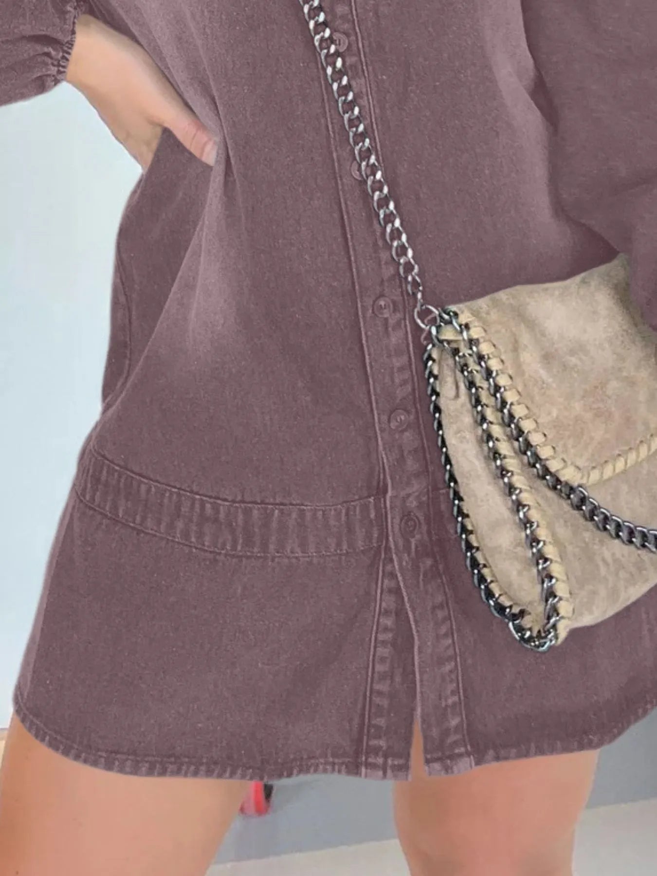 Full Size Button Front Long Sleeve Denim Dress Plus Size - MAD RUFFI