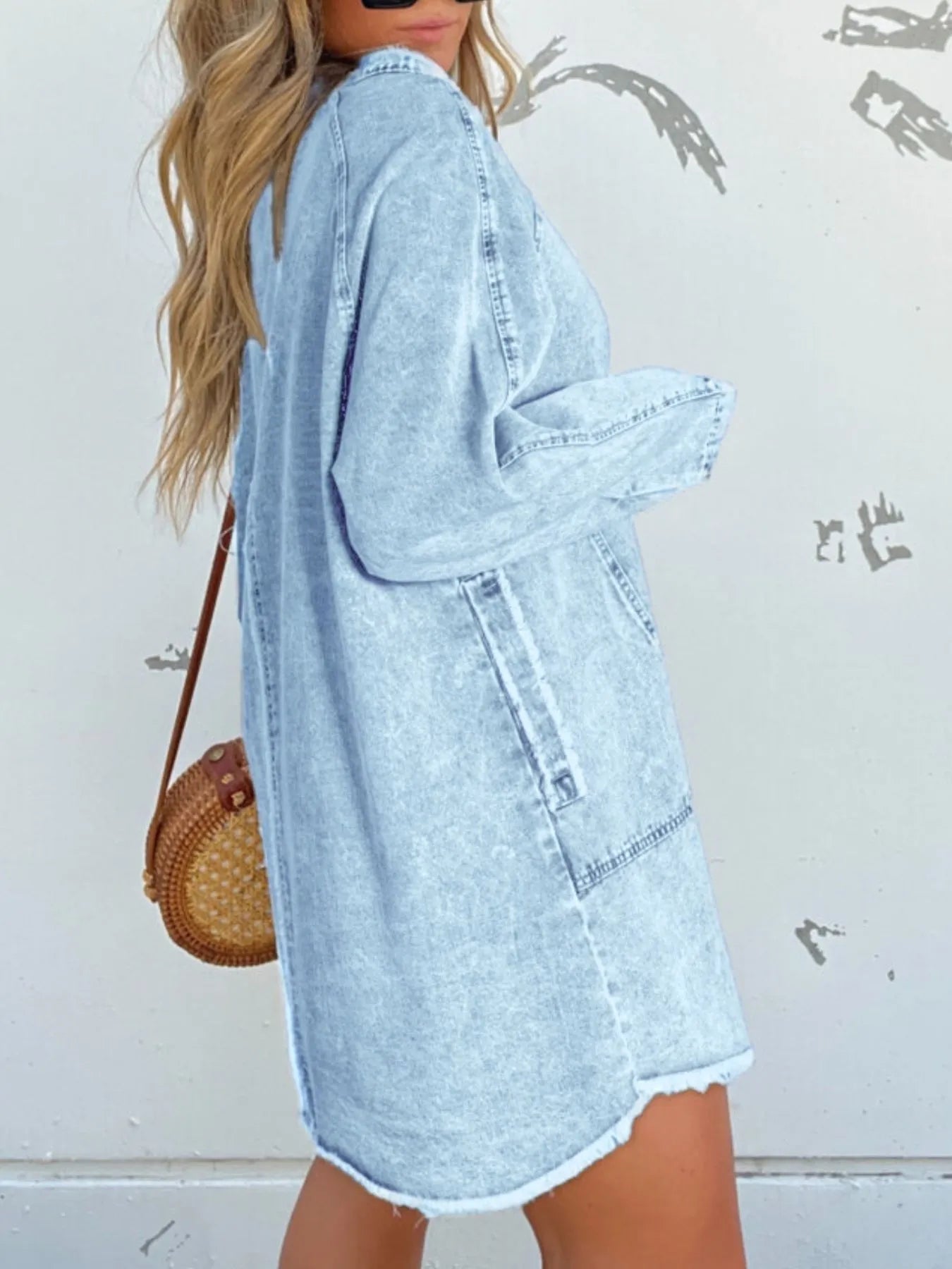 Full Size Button - Front Long Sleeve Denim Shirt Dress Plus Size - MAD RUFFI