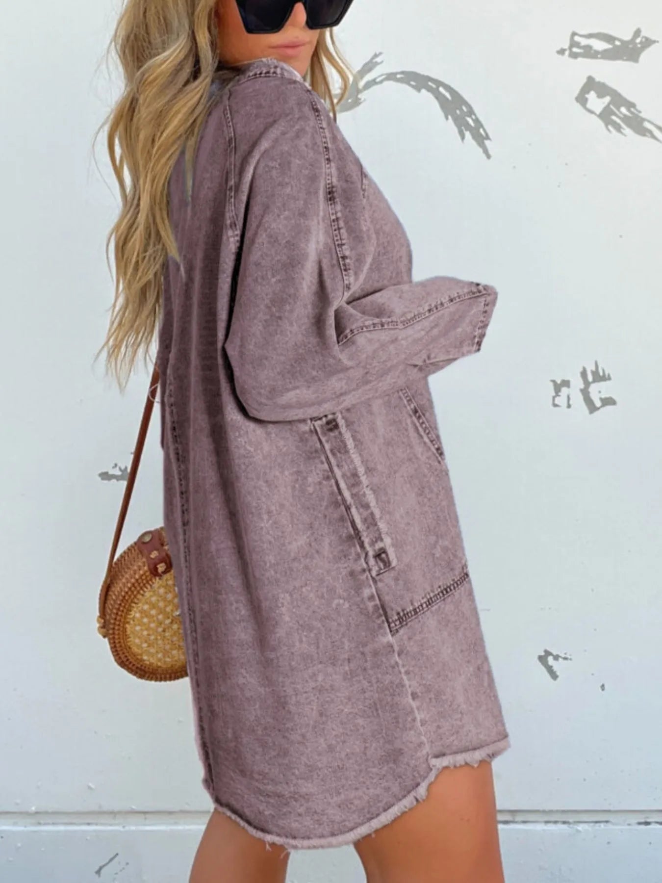 Full Size Button - Front Long Sleeve Denim Shirt Dress Plus Size - MAD RUFFI