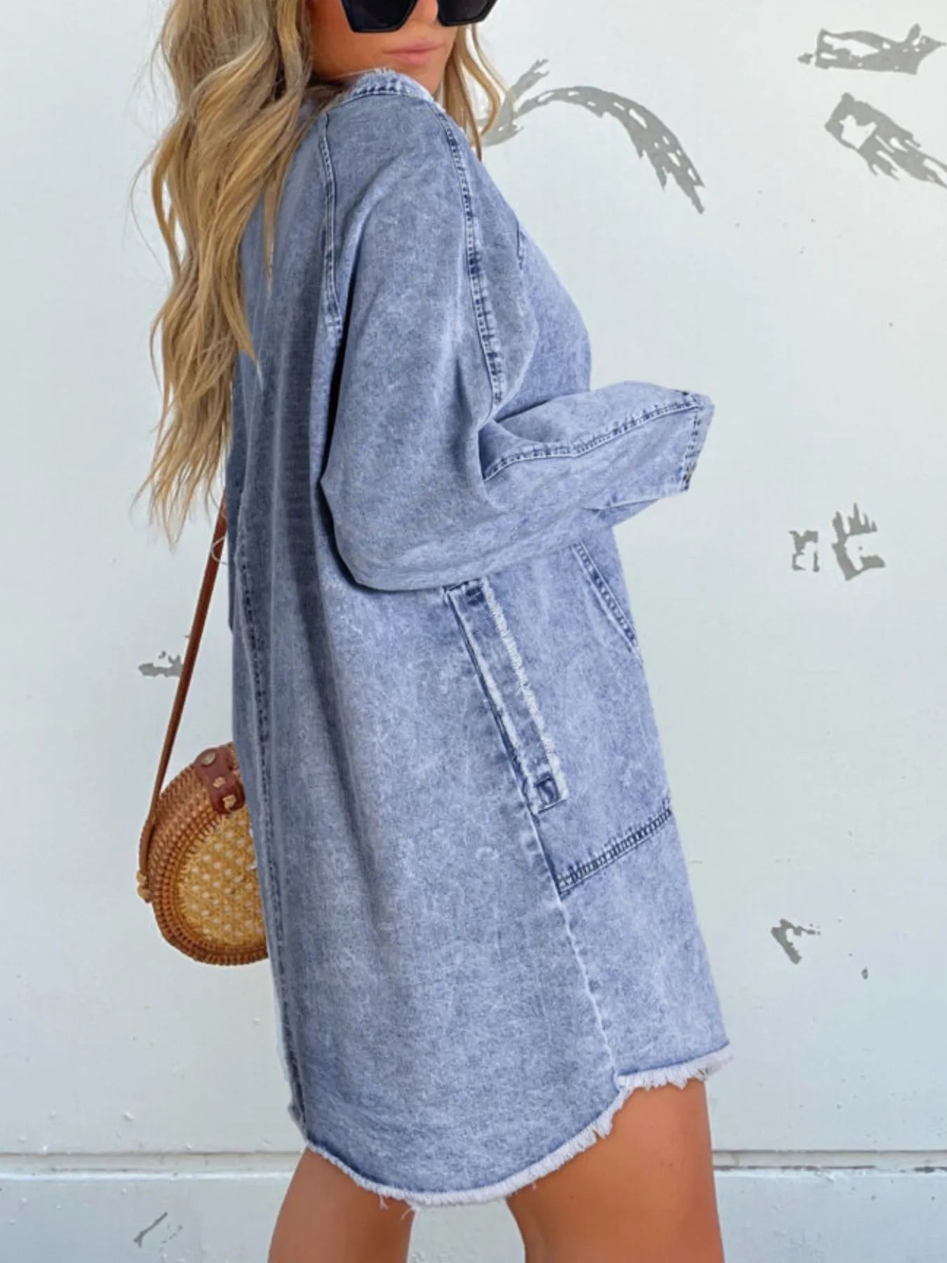 Full Size Button - Front Long Sleeve Denim Shirt Dress Plus Size - MAD RUFFI