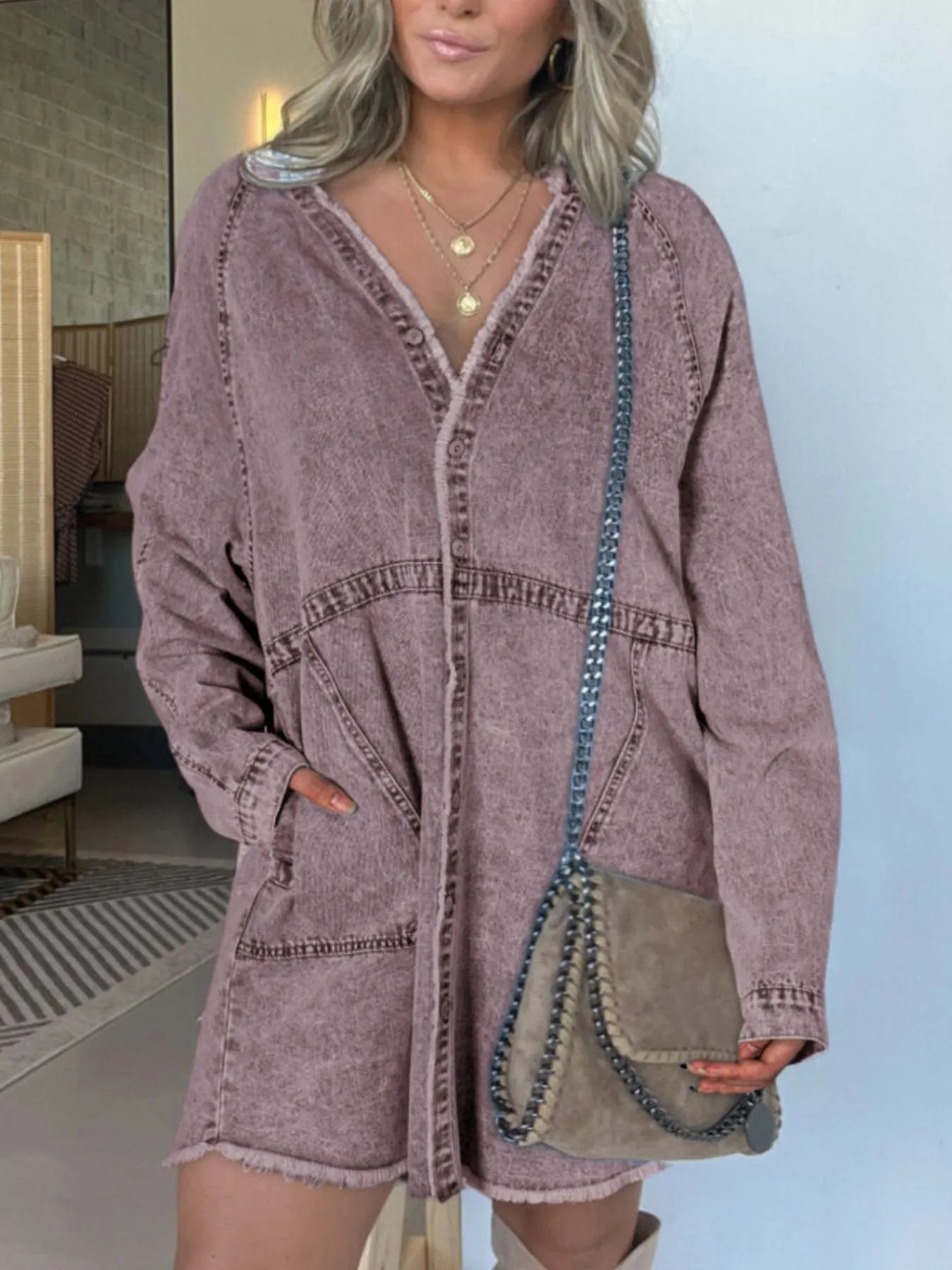 Full Size Button - Front Long Sleeve Denim Shirt Dress Plus Size - MAD RUFFI