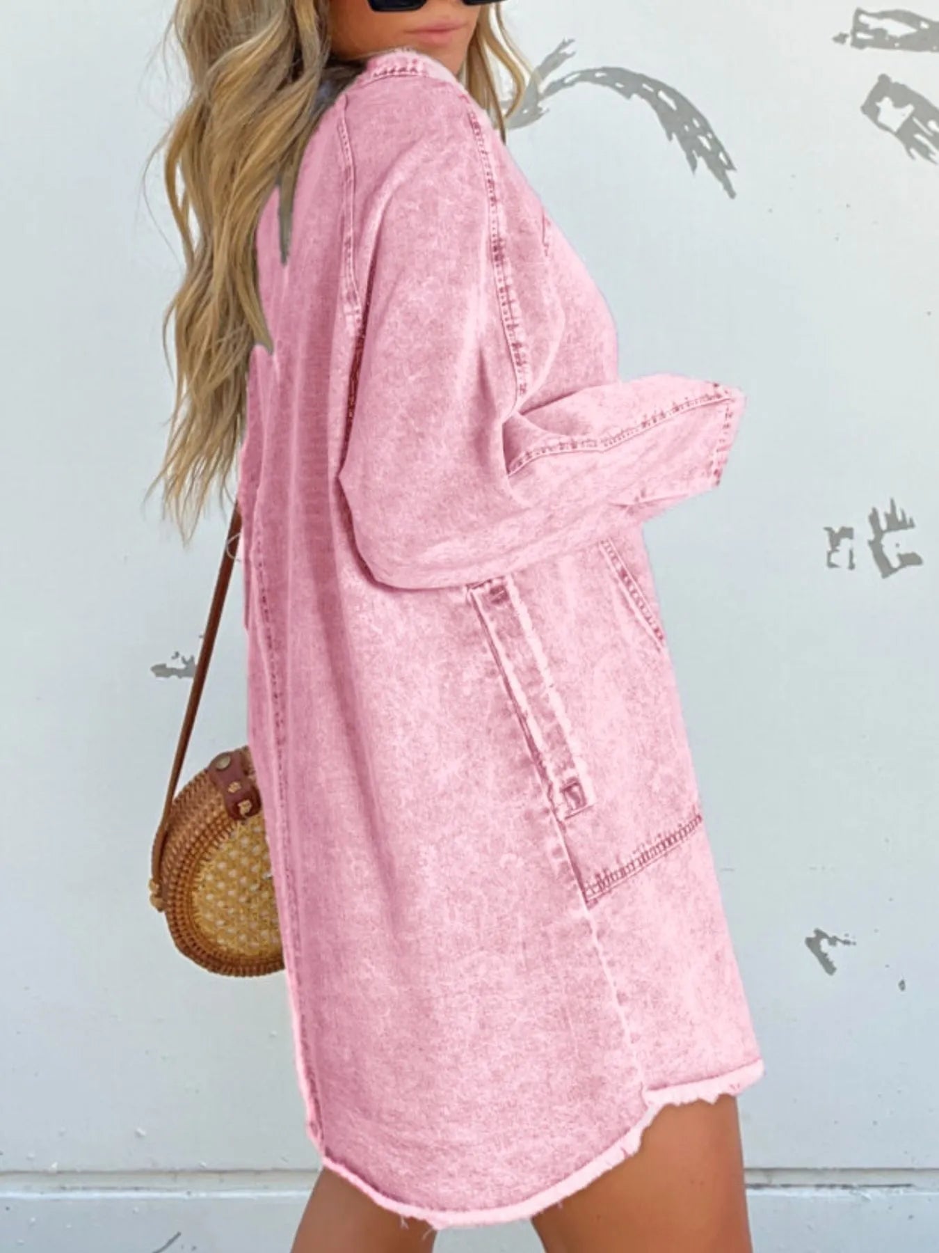 Full Size Button - Front Long Sleeve Denim Shirt Dress Plus Size - MAD RUFFI