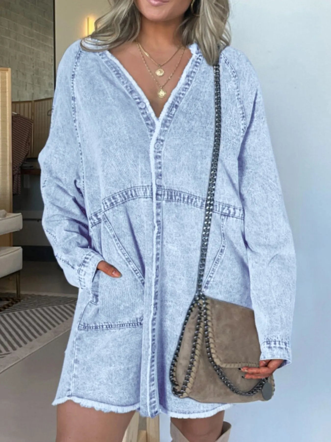 Full Size Button - Front Long Sleeve Denim Shirt Dress Plus Size - MAD RUFFI