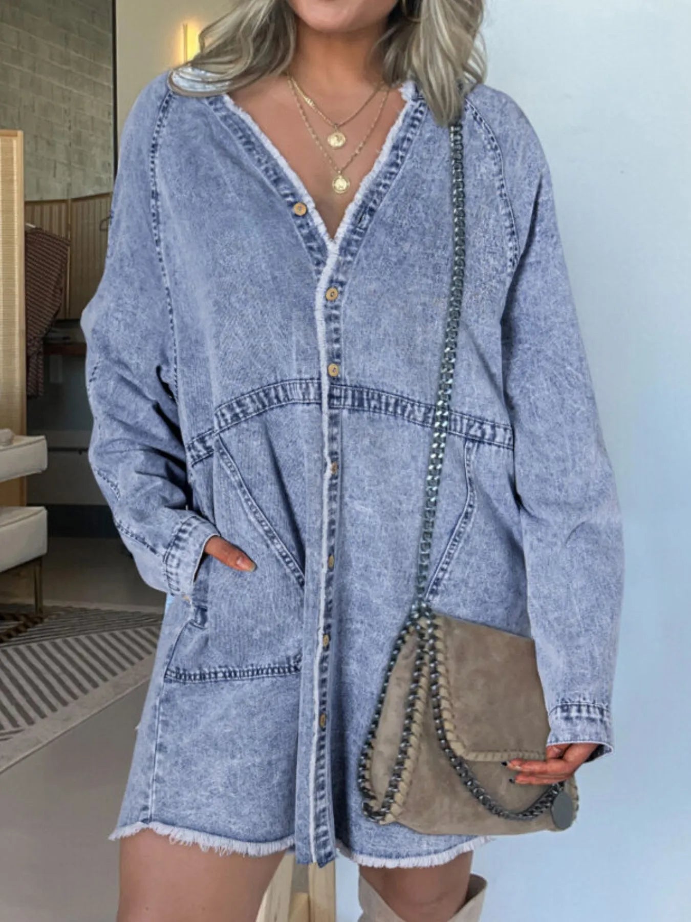 Full Size Button - Front Long Sleeve Denim Shirt Dress Plus Size - MAD RUFFI