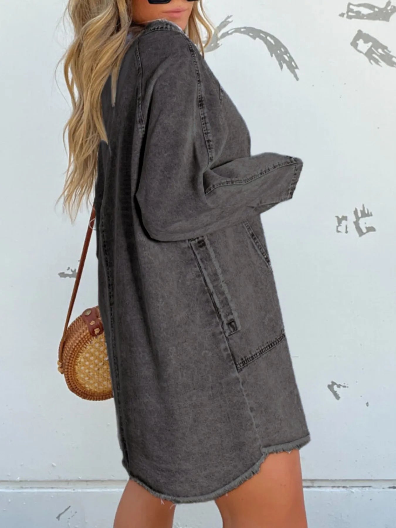 Full Size Button - Front Long Sleeve Denim Shirt Dress Plus Size - MAD RUFFI