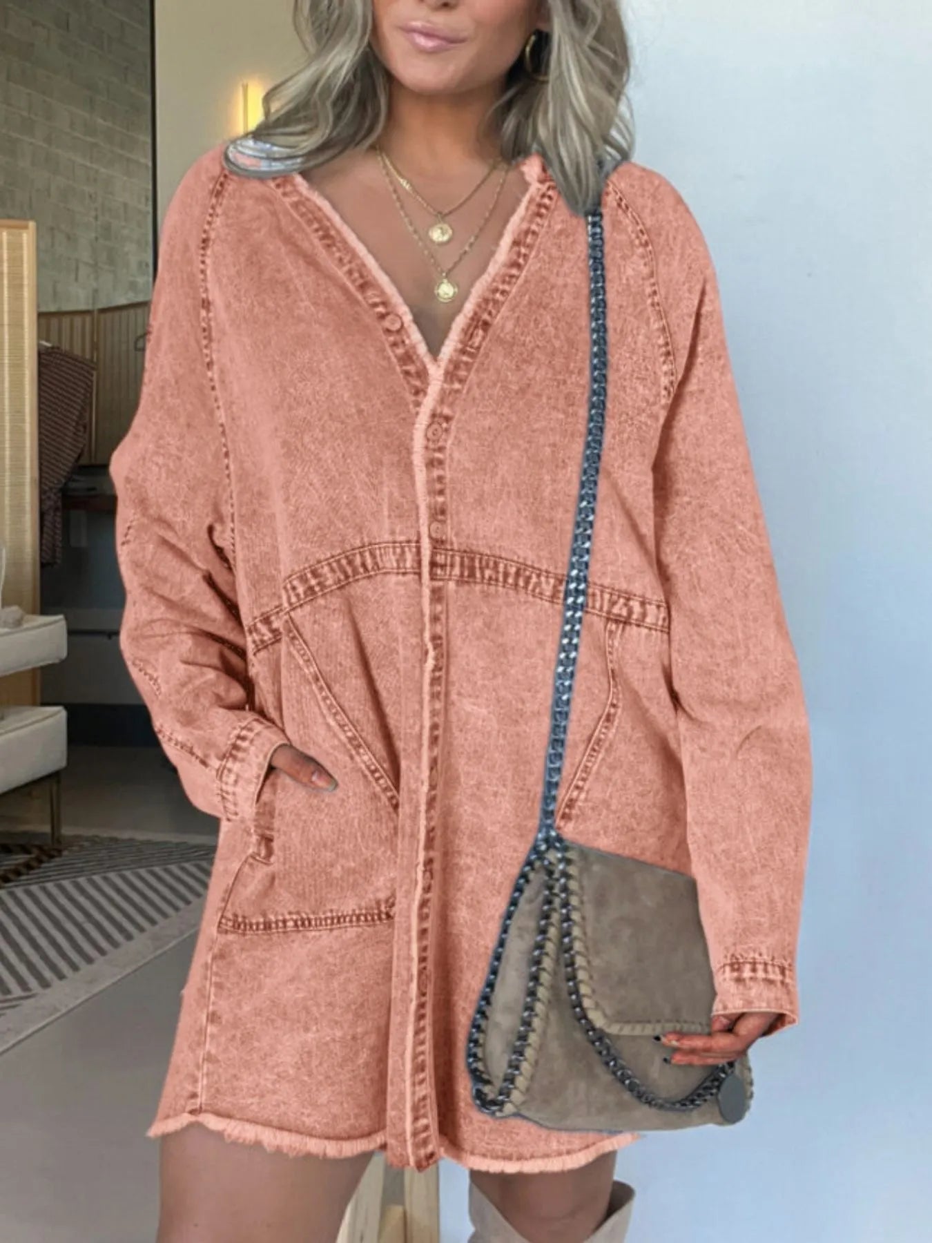 Full Size Button - Front Long Sleeve Denim Shirt Dress Plus Size - MAD RUFFI