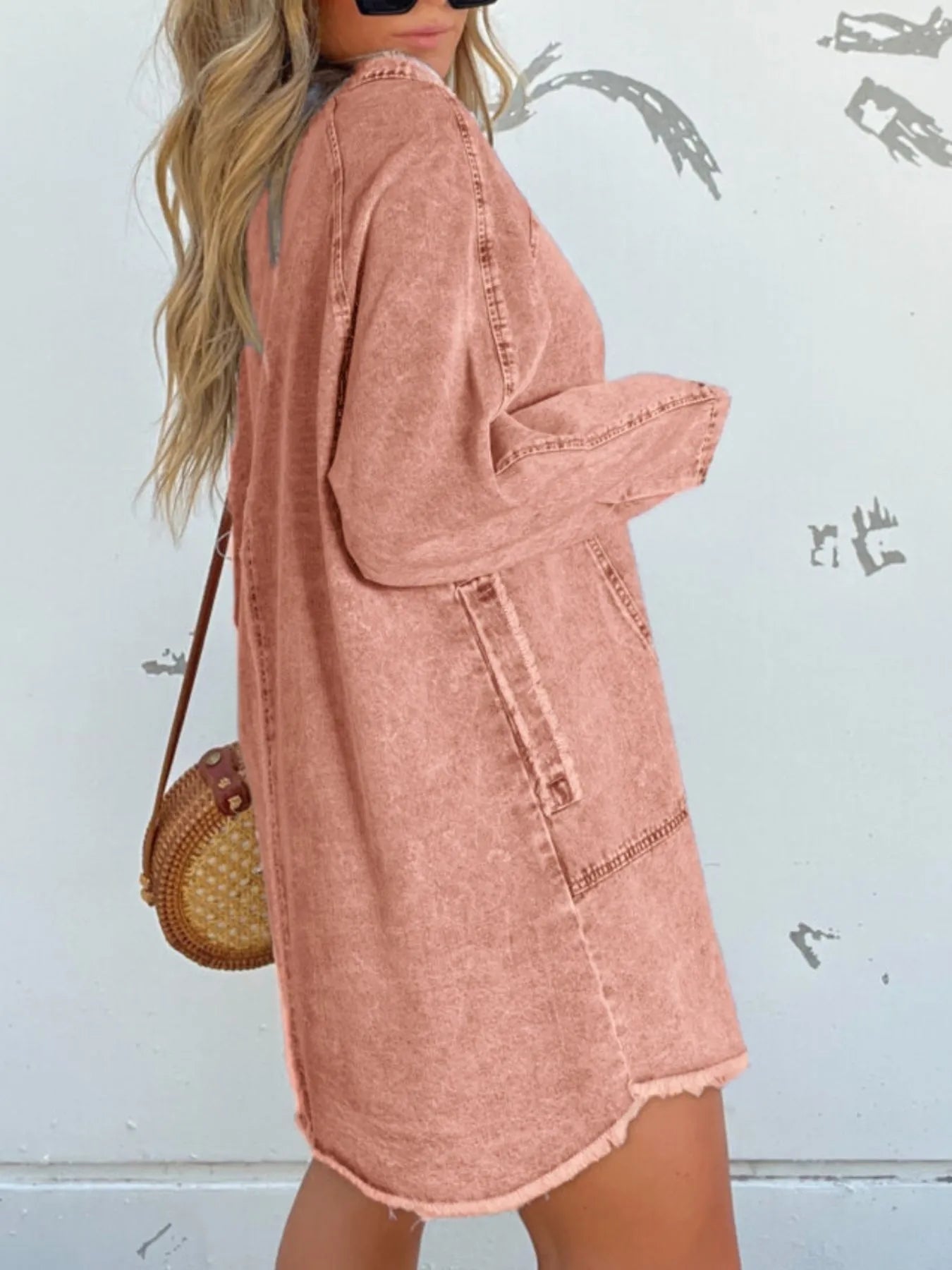 Full Size Button - Front Long Sleeve Denim Shirt Dress Plus Size - MAD RUFFI