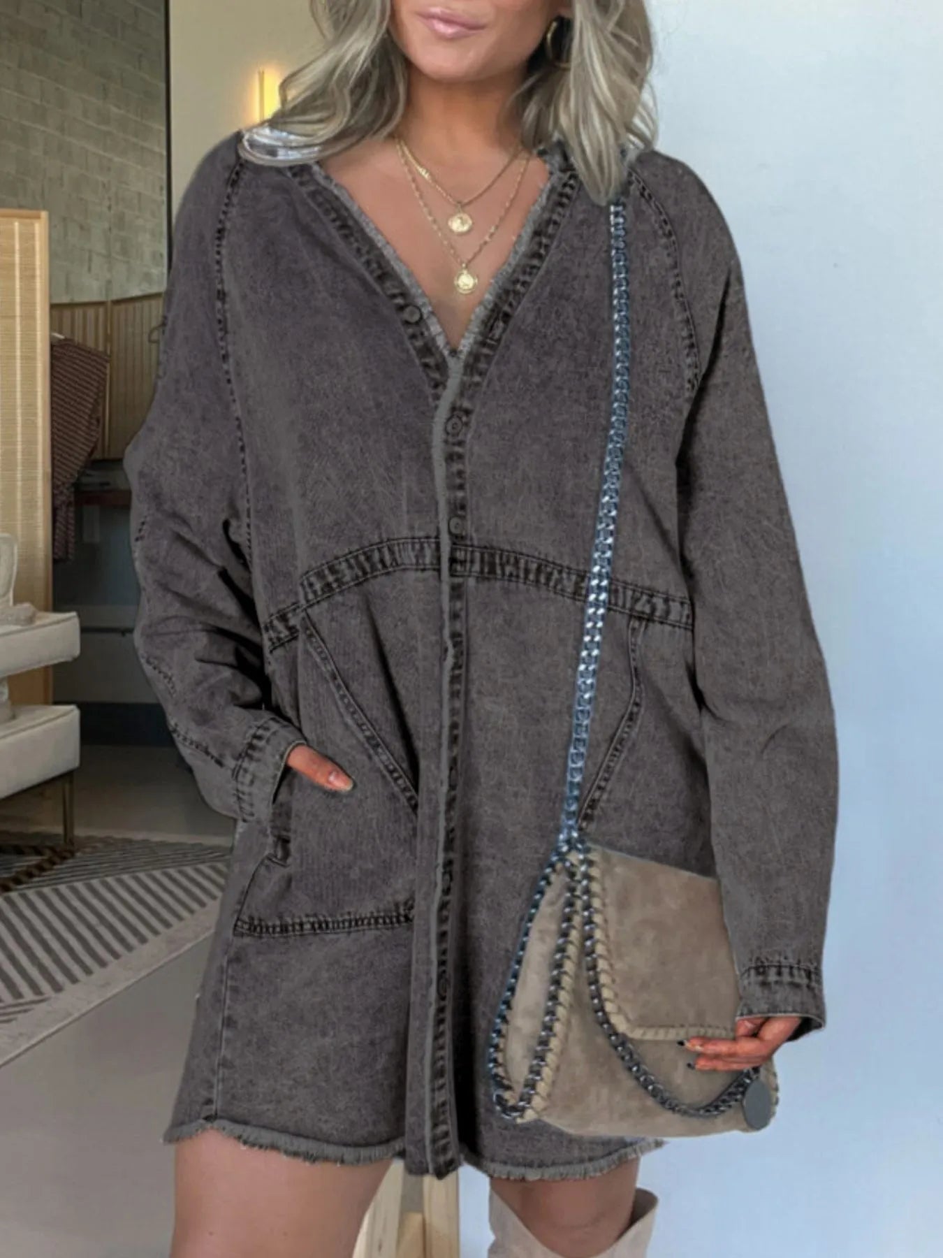 Full Size Button - Front Long Sleeve Denim Shirt Dress Plus Size - MAD RUFFI