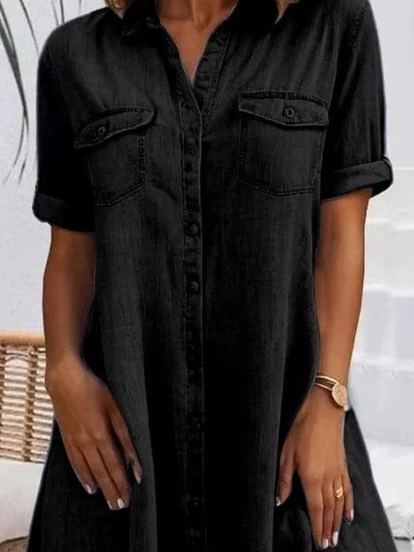 Full Size Button - Front Short Sleeve Denim Dress Plus Size - MAD RUFFI