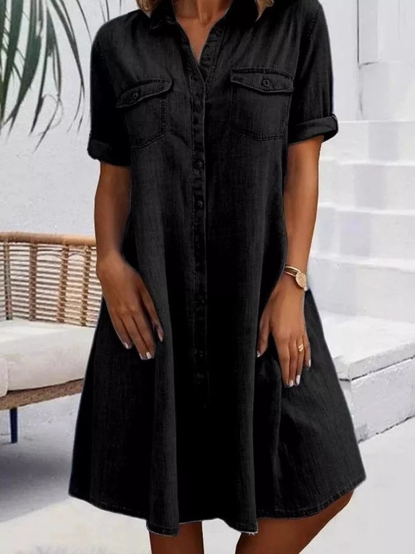 Full Size Button - Front Short Sleeve Denim Dress Plus Size - MAD RUFFI