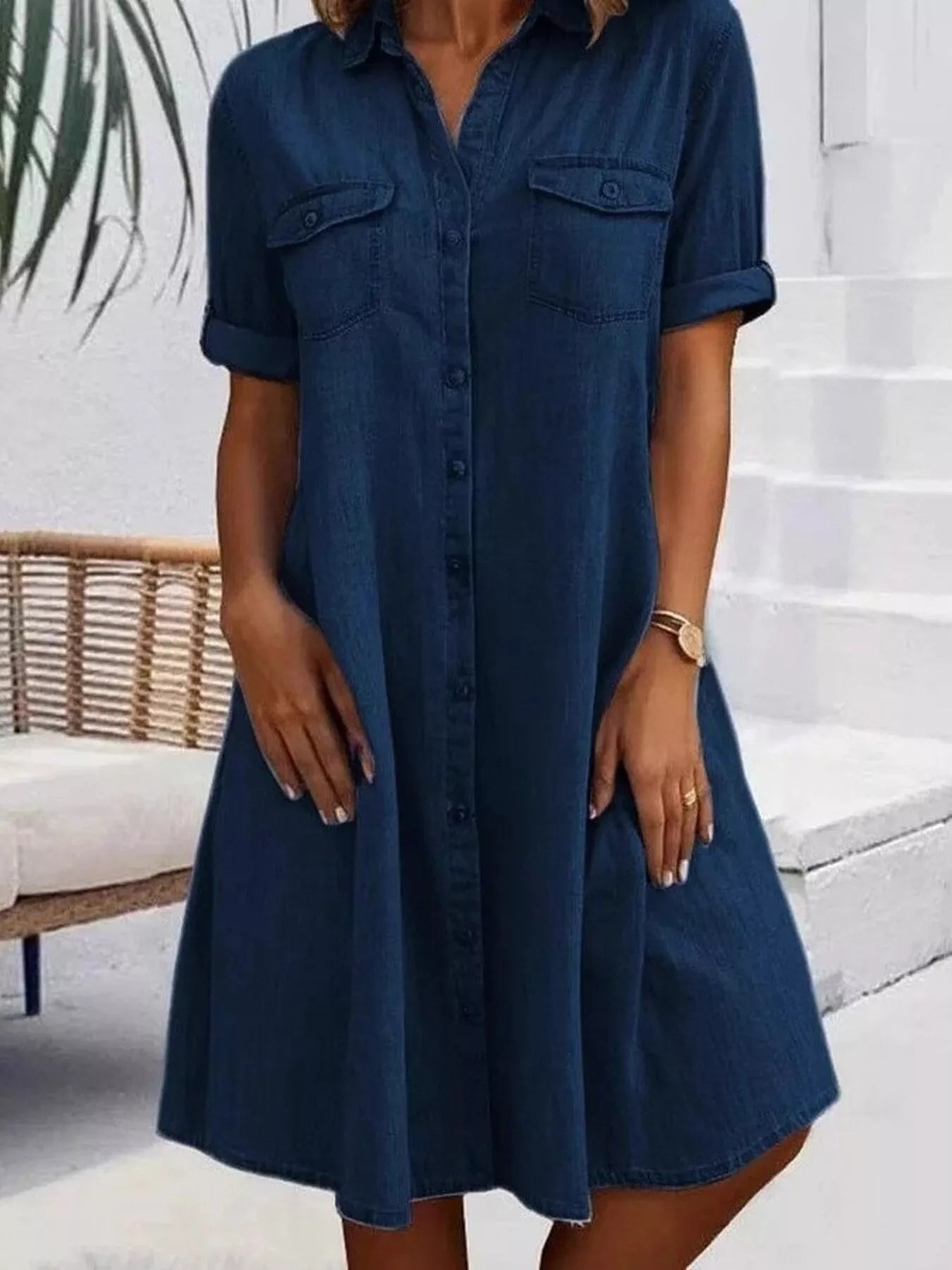 Full Size Button - Front Short Sleeve Denim Dress Plus Size - MAD RUFFI
