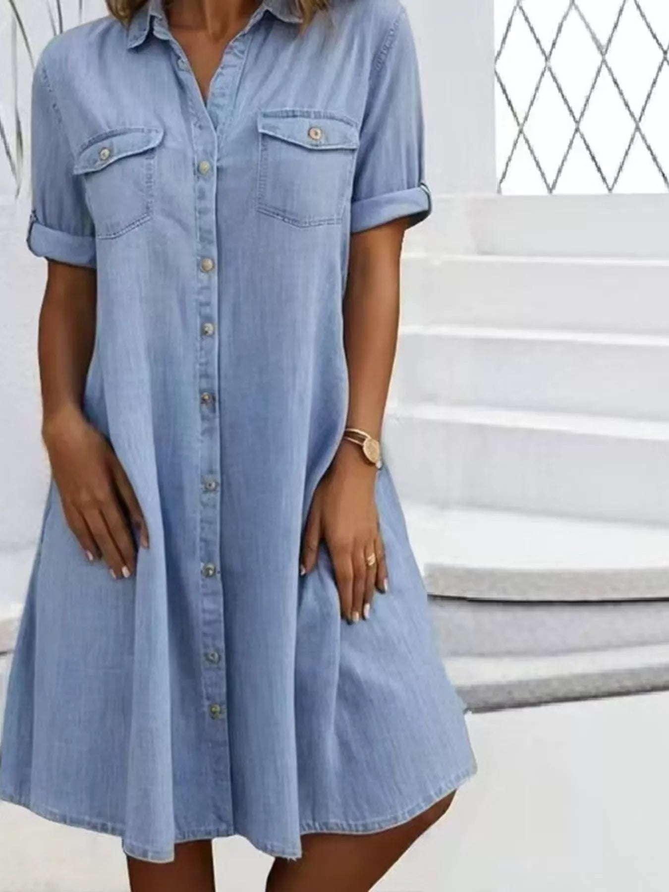 Full Size Button - Front Short Sleeve Denim Dress Plus Size - MAD RUFFI