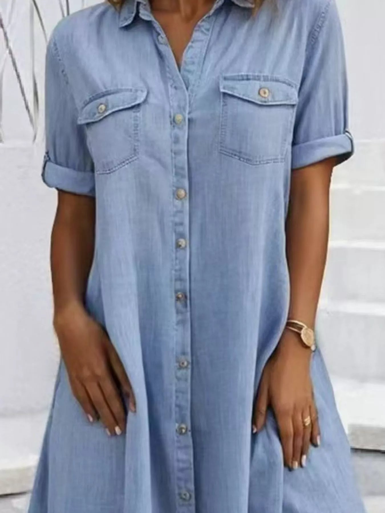 Full Size Button - Front Short Sleeve Denim Dress Plus Size - MAD RUFFI