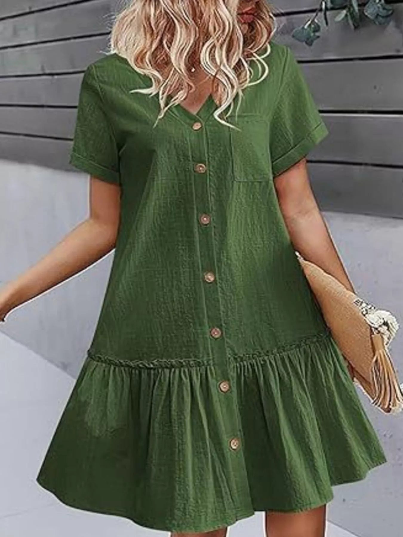 Full Size Button - Front Short Sleeve Tiered Dress Plus Size - MAD RUFFI