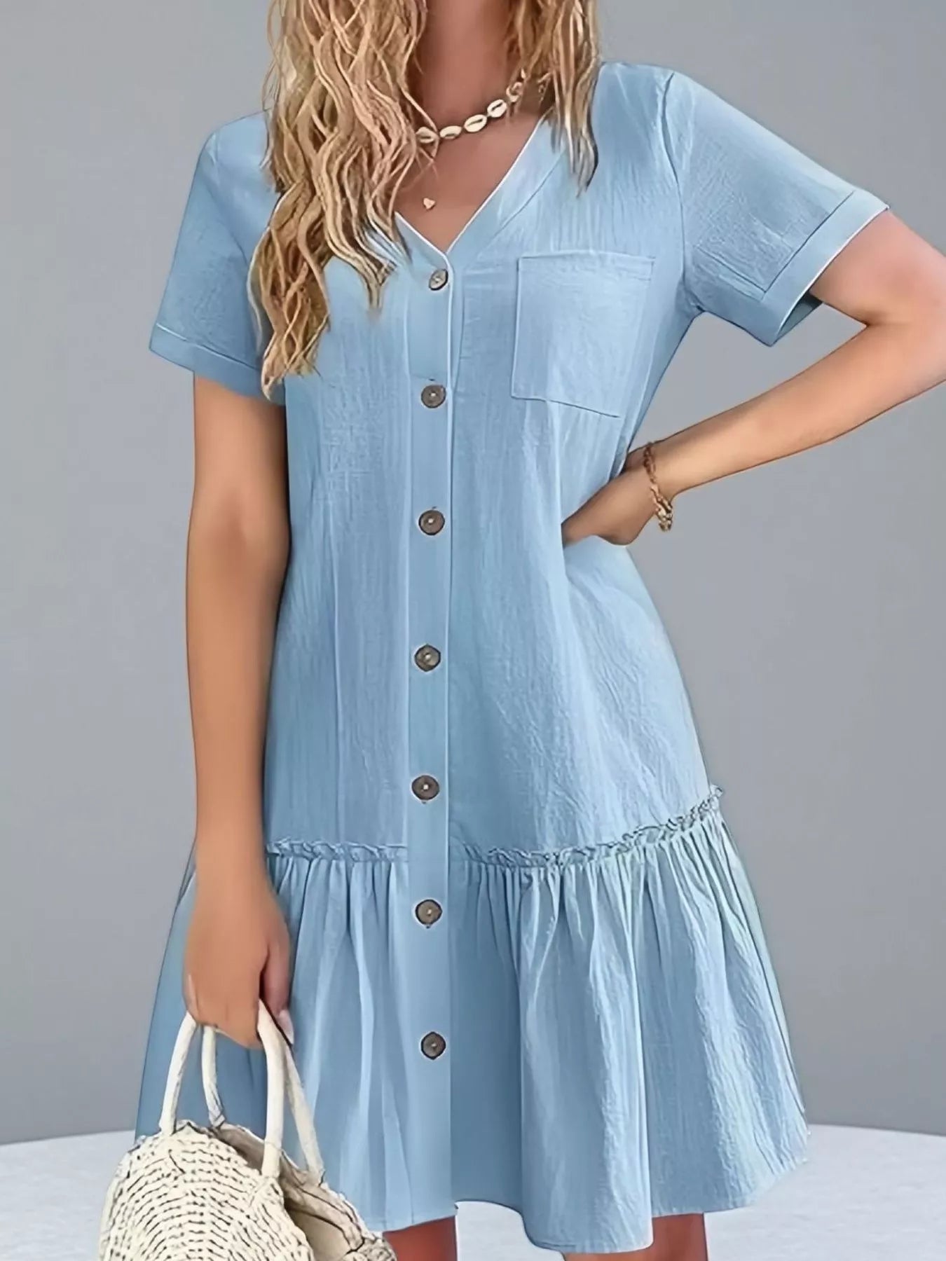 Full Size Button - Front Short Sleeve Tiered Dress Plus Size - MAD RUFFI