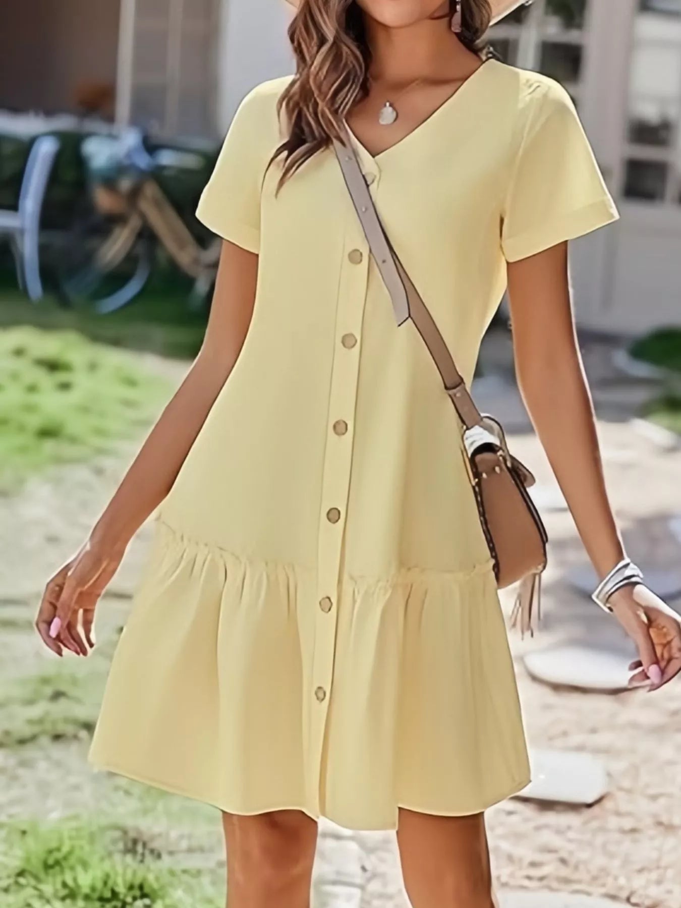 Full Size Button - Front Short Sleeve Tiered Dress Plus Size - MAD RUFFI