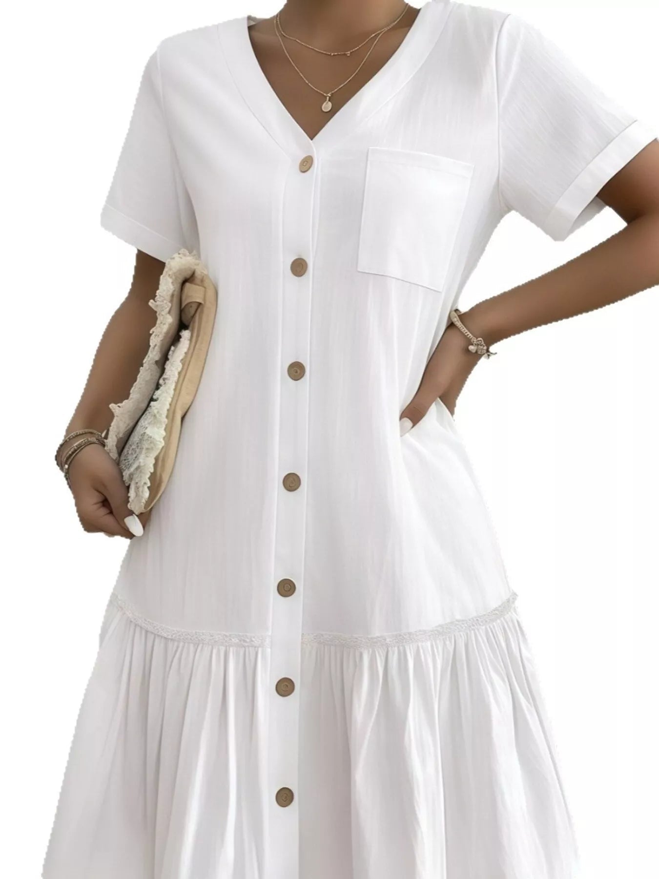 Full Size Button - Front Short Sleeve Tiered Dress Plus Size - MAD RUFFI