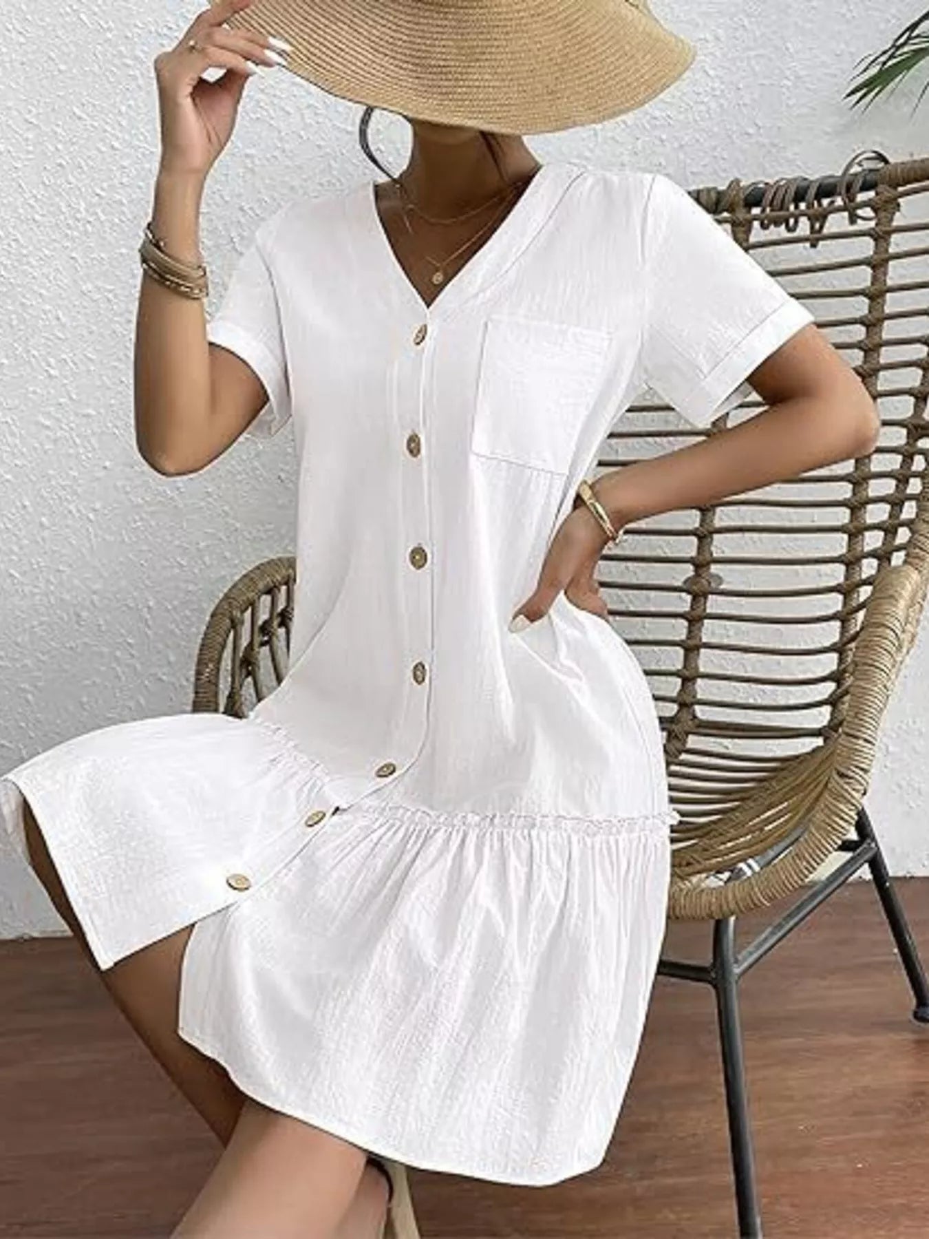 Full Size Button - Front Short Sleeve Tiered Dress Plus Size - MAD RUFFI
