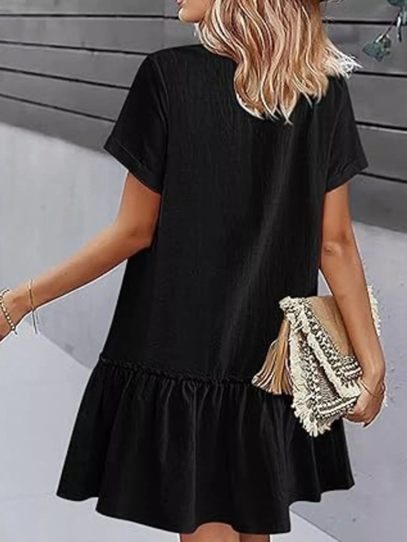 Full Size Button - Front Short Sleeve Tiered Dress Plus Size - MAD RUFFI