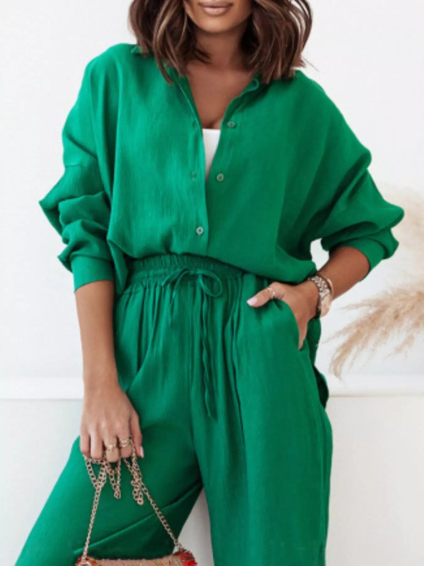 Full Size Button Up Shirt and Pants Set Plus Size - MAD RUFFI