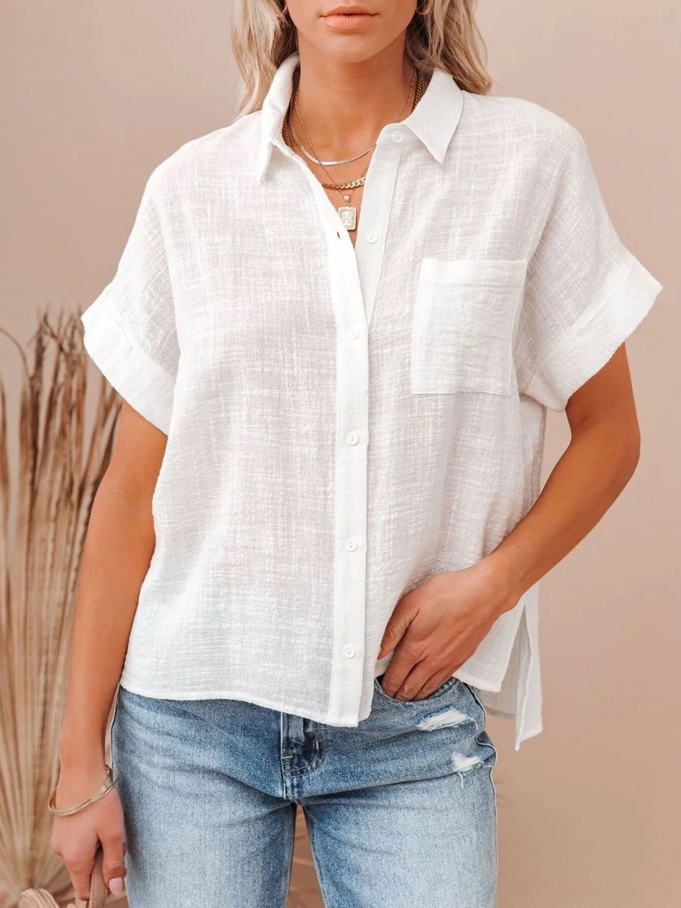 Full Size Button Up Short Sleeve Shirt Plus Size - MAD RUFFI