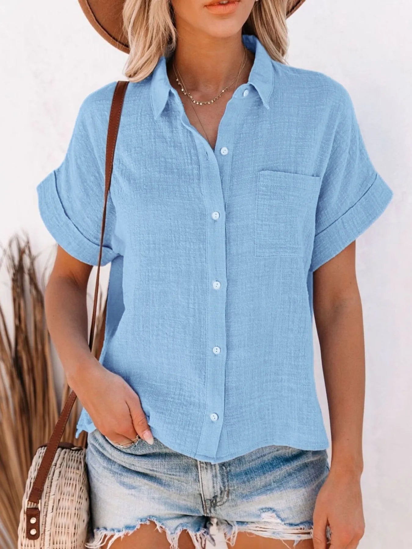 Full Size Button Up Short Sleeve Shirt Plus Size - MAD RUFFI