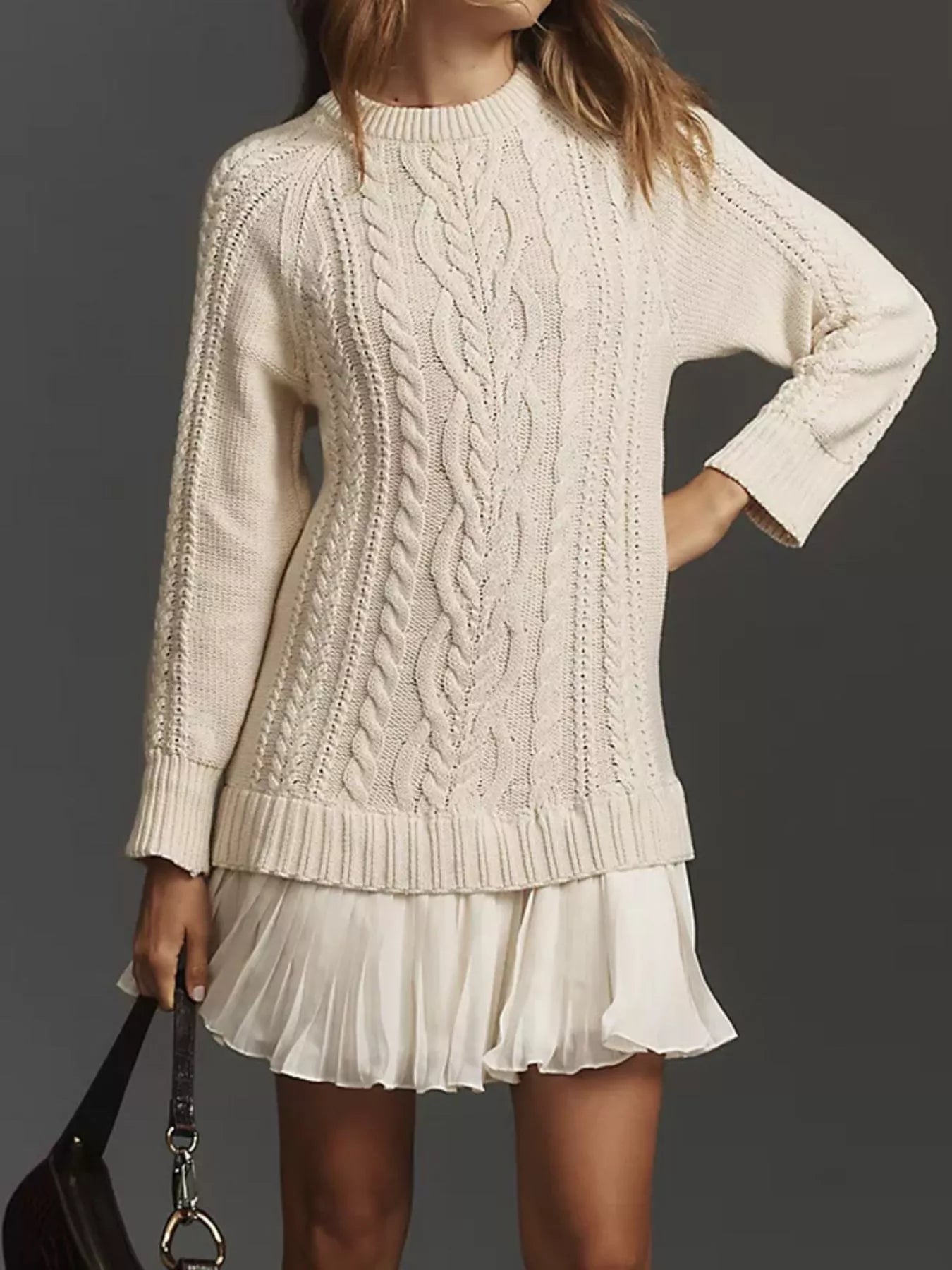 Full Size Cable - Knit Mini Sweater Dress Plus Size - MAD RUFFI