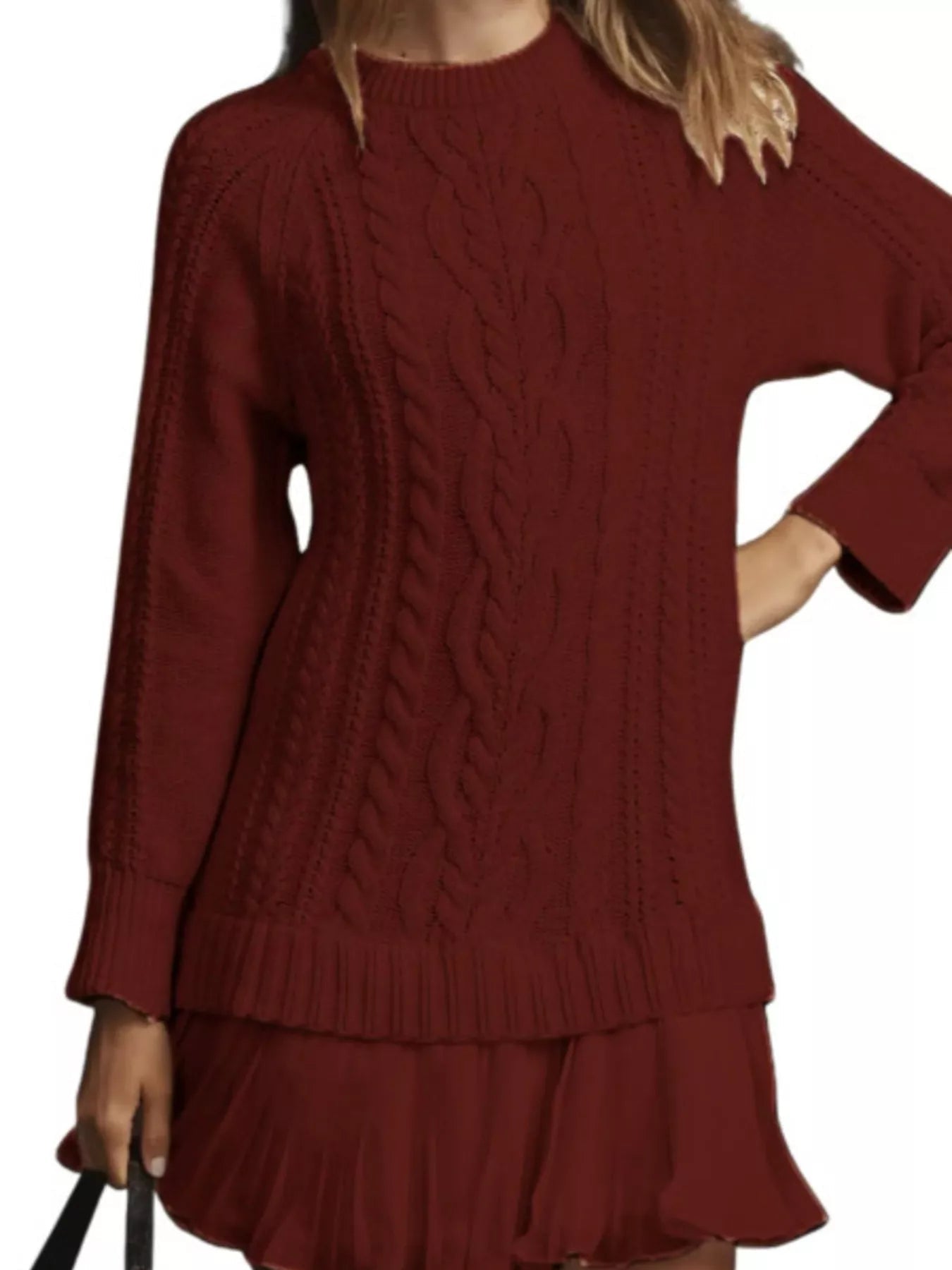 Full Size Cable - Knit Mini Sweater Dress Plus Size - MAD RUFFI